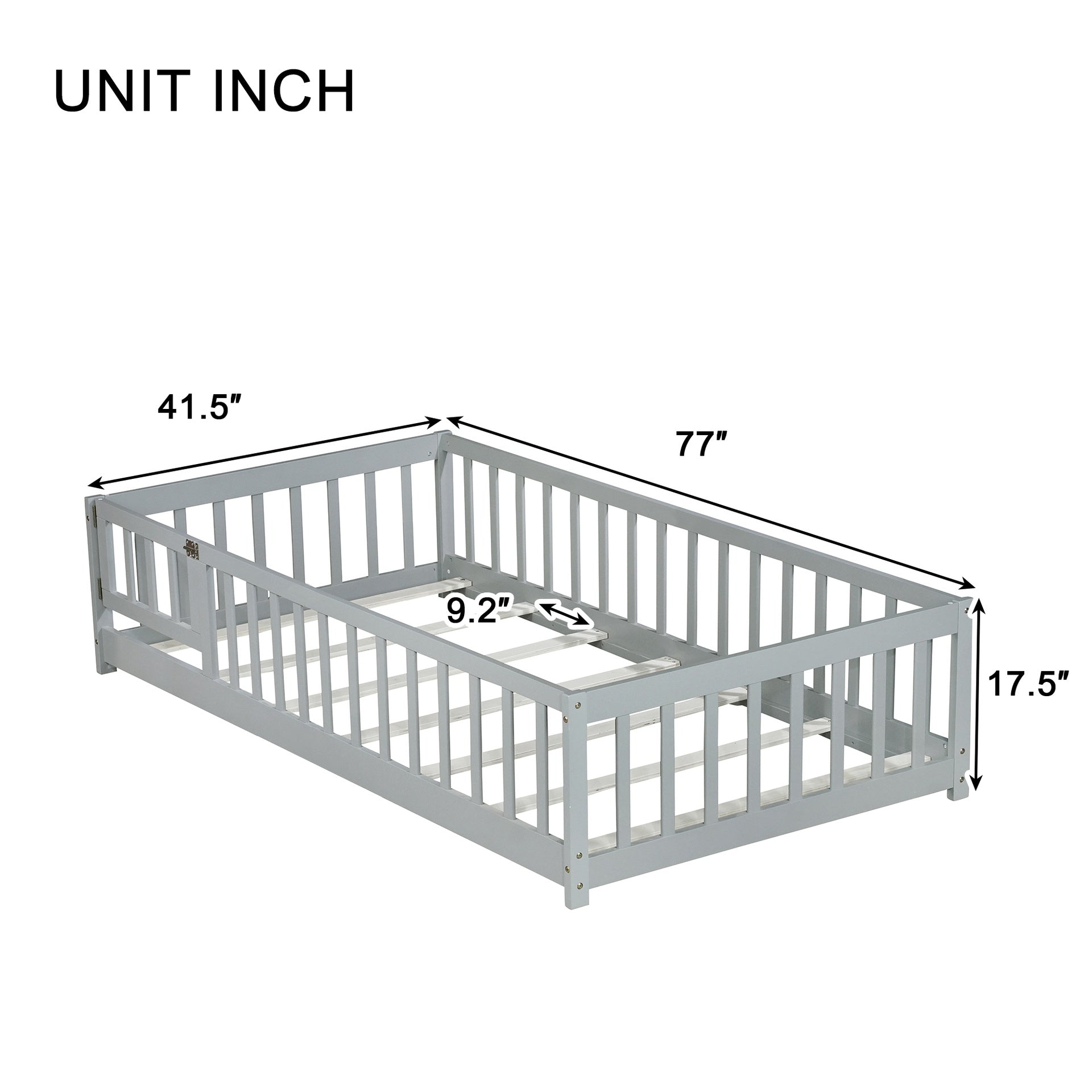 Twin Size Floor Bed with Fence and Door,Rubber Wood Floor Bed with Safety Guardrails,Grey