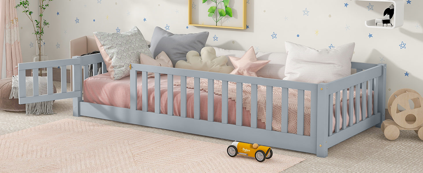 Twin Size Floor Bed with Fence and Door,Rubber Wood Floor Bed with Safety Guardrails,Grey
