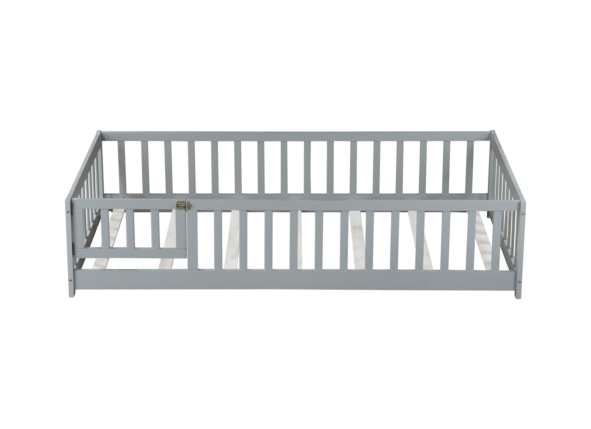 Twin Size Floor Bed with Fence and Door,Rubber Wood Floor Bed with Safety Guardrails,Grey