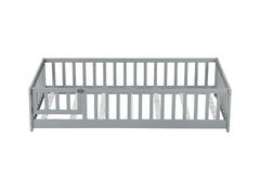 Twin Size Floor Bed with Fence and Door,Rubber Wood Floor Bed with Safety Guardrails,Grey