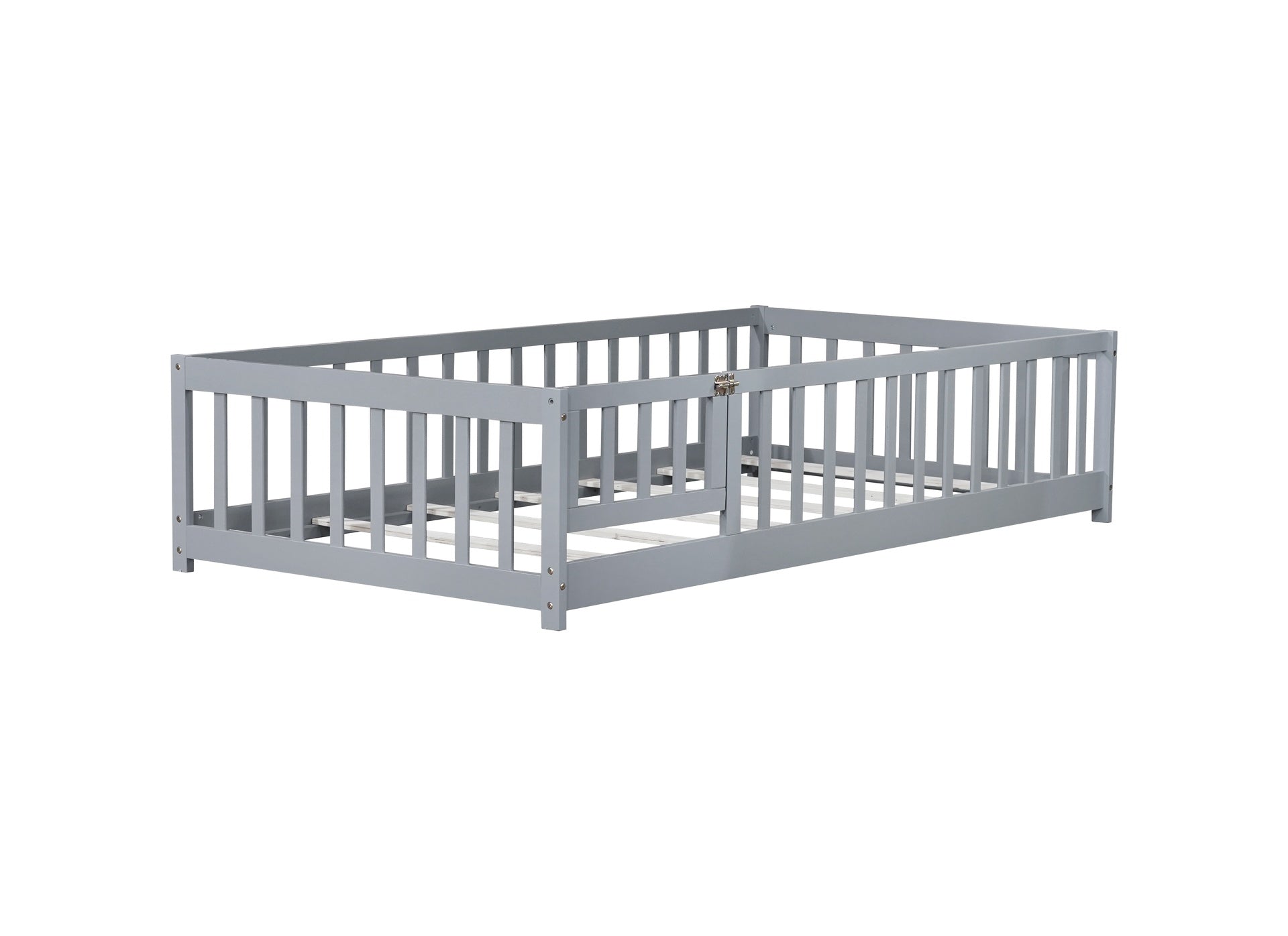 Twin Size Floor Bed with Fence and Door,Rubber Wood Floor Bed with Safety Guardrails,Grey