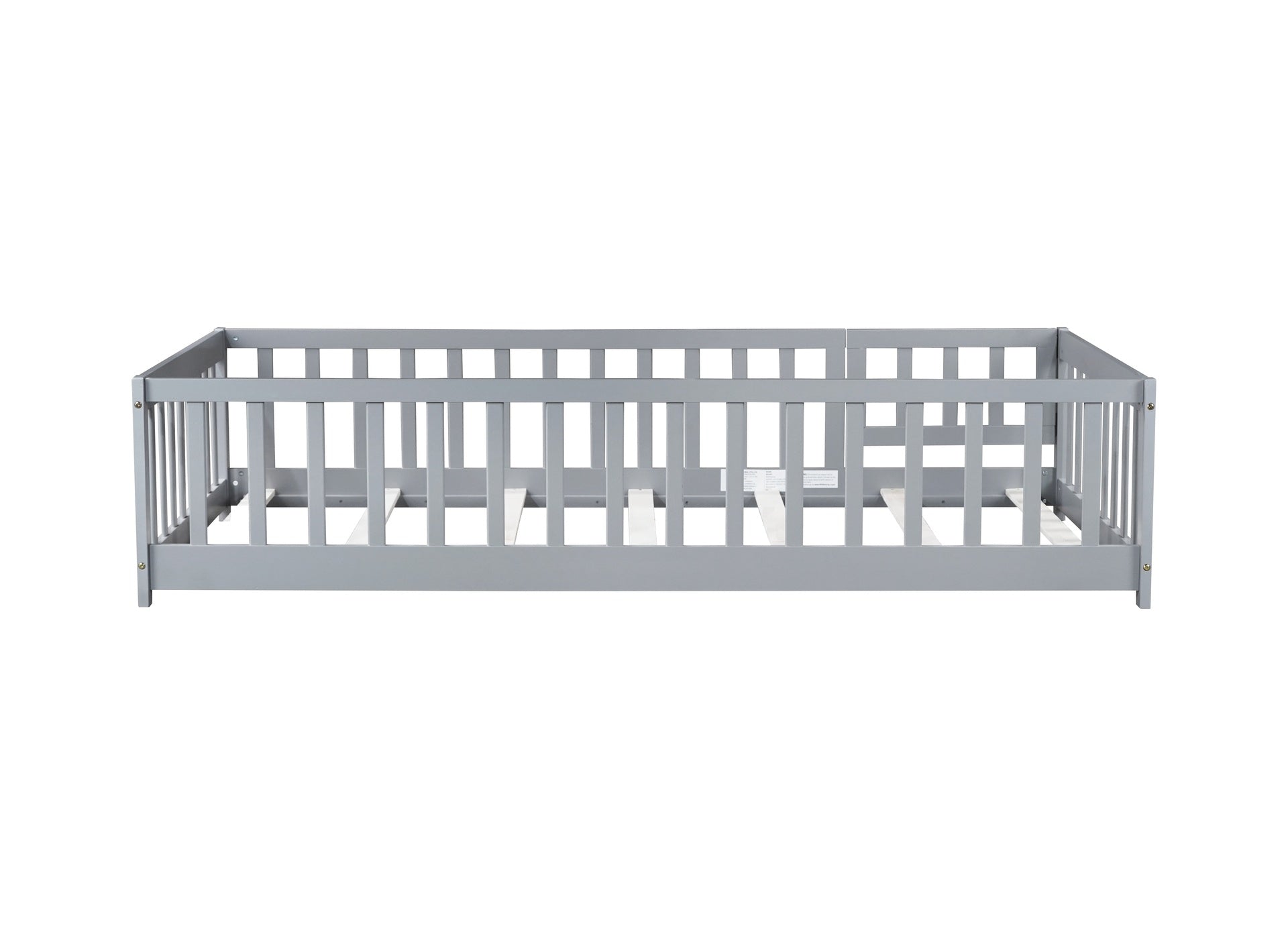 Twin Size Floor Bed with Fence and Door,Rubber Wood Floor Bed with Safety Guardrails,Grey