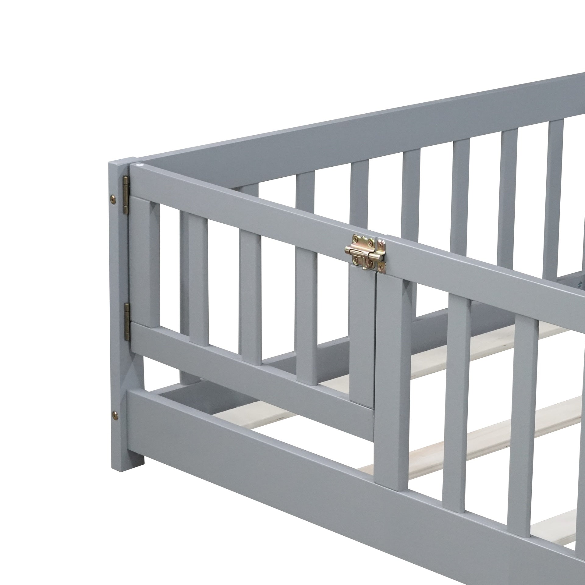 Twin Size Floor Bed with Fence and Door,Rubber Wood Floor Bed with Safety Guardrails,Grey