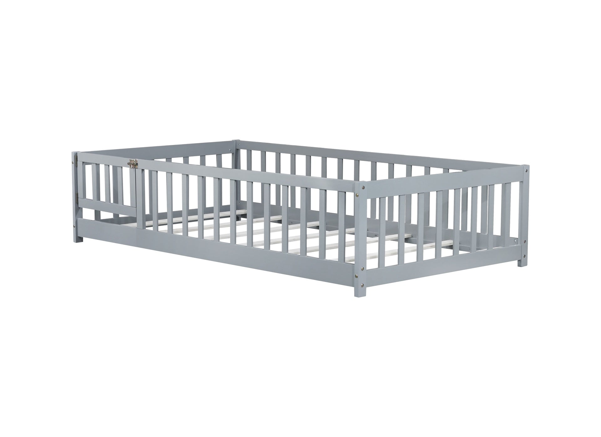 Twin Size Floor Bed with Fence and Door,Rubber Wood Floor Bed with Safety Guardrails,Grey