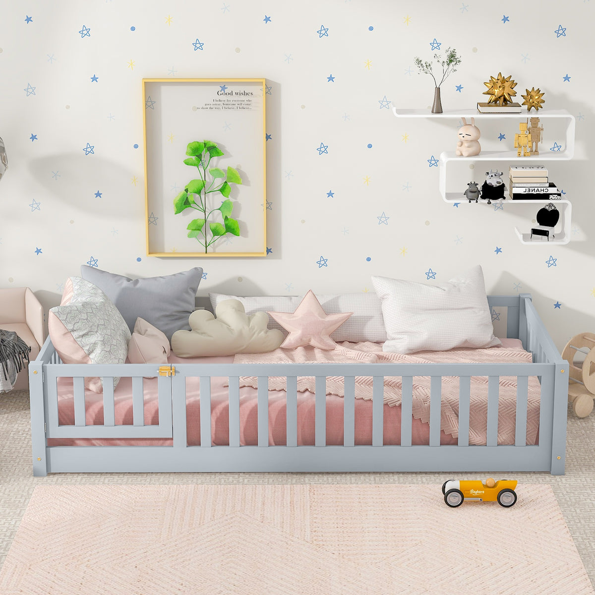 Twin Size Floor Bed with Fence and Door,Rubber Wood Floor Bed with Safety Guardrails,Grey