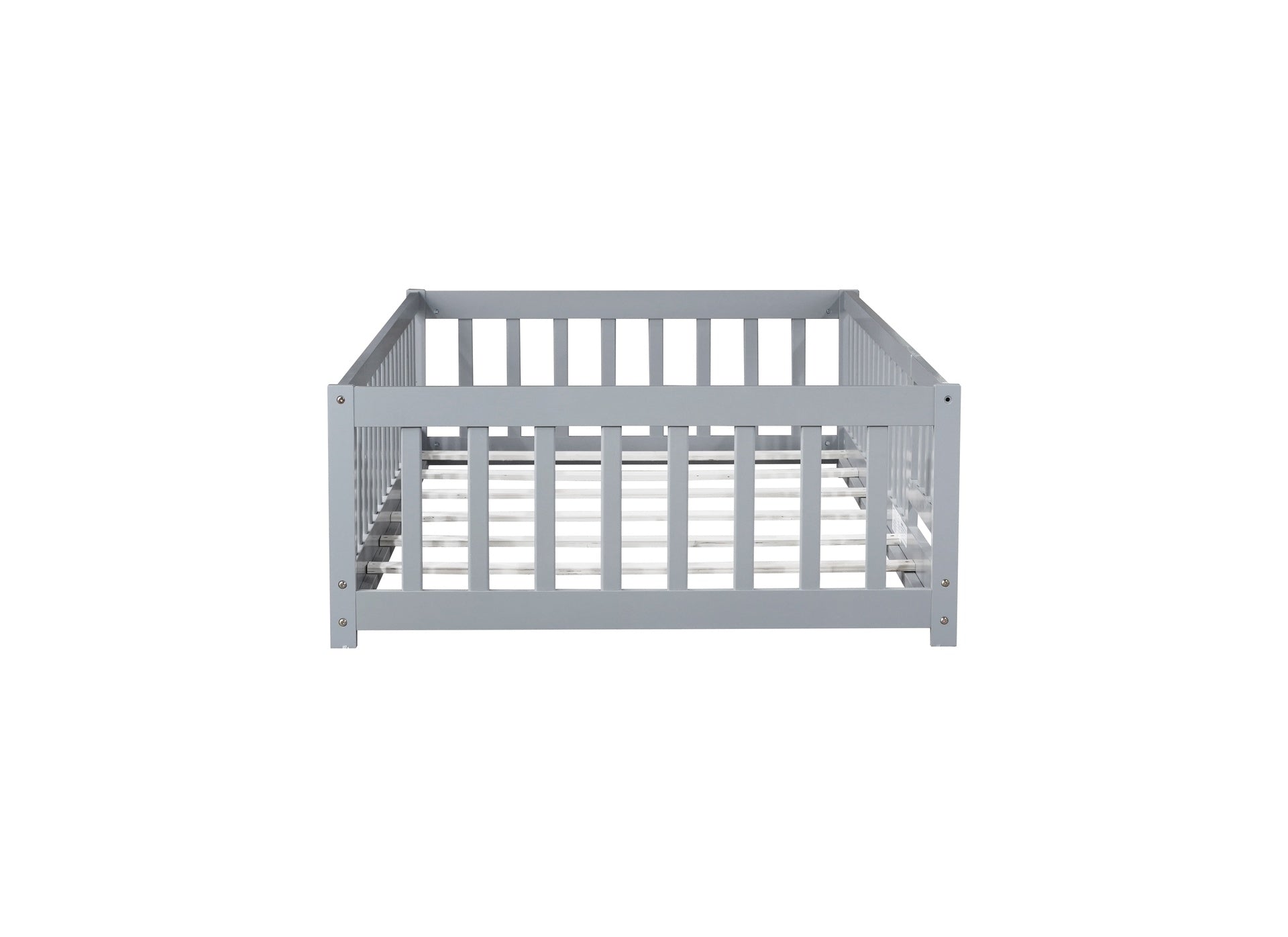Twin Size Floor Bed with Fence and Door,Rubber Wood Floor Bed with Safety Guardrails,Grey