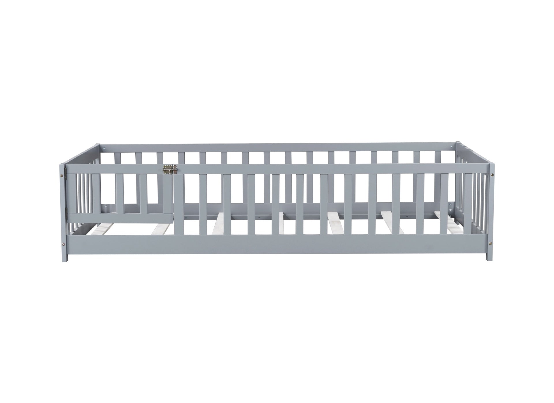 Twin Size Floor Bed with Fence and Door,Rubber Wood Floor Bed with Safety Guardrails,Grey
