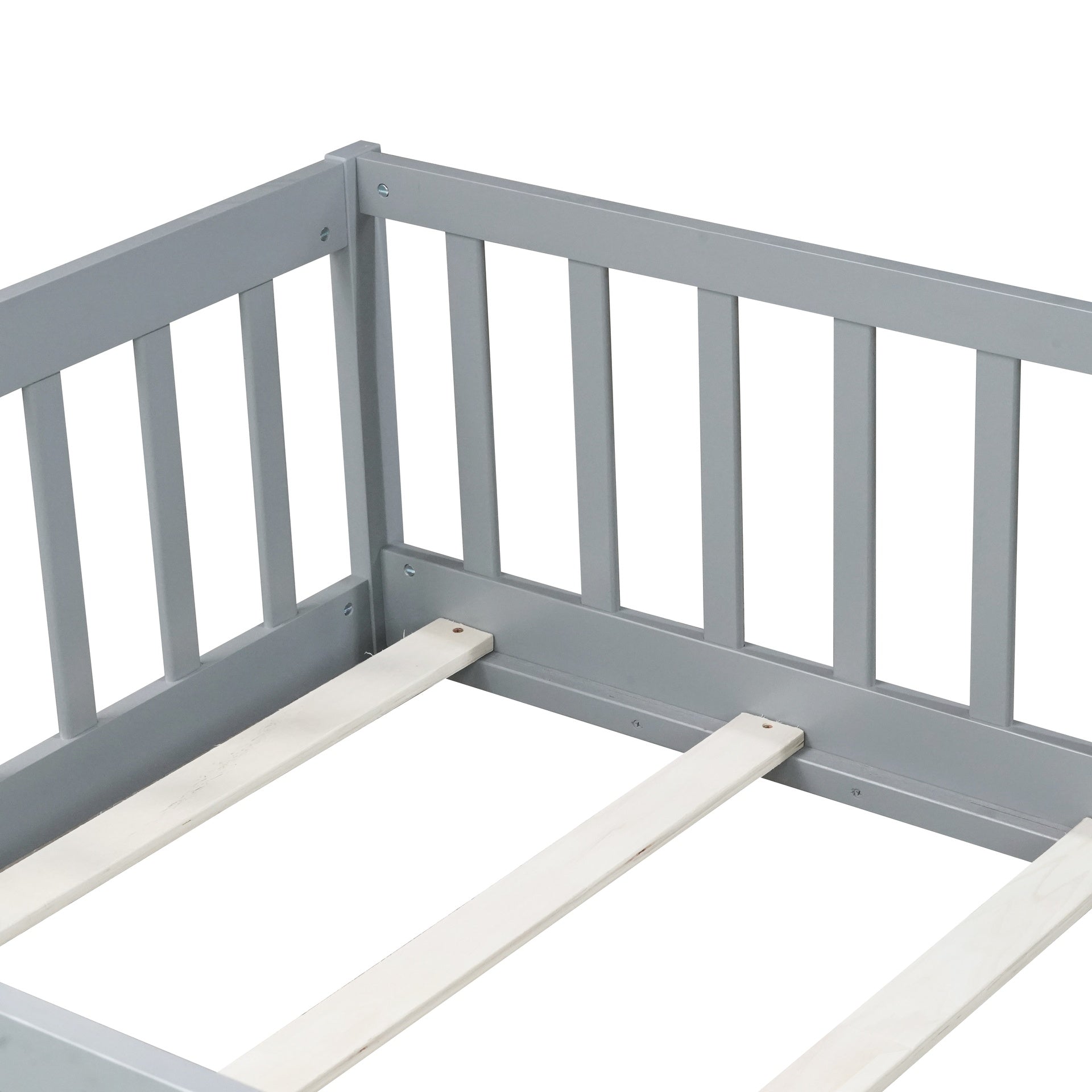 Twin Size Floor Bed with Fence and Door,Rubber Wood Floor Bed with Safety Guardrails,Grey