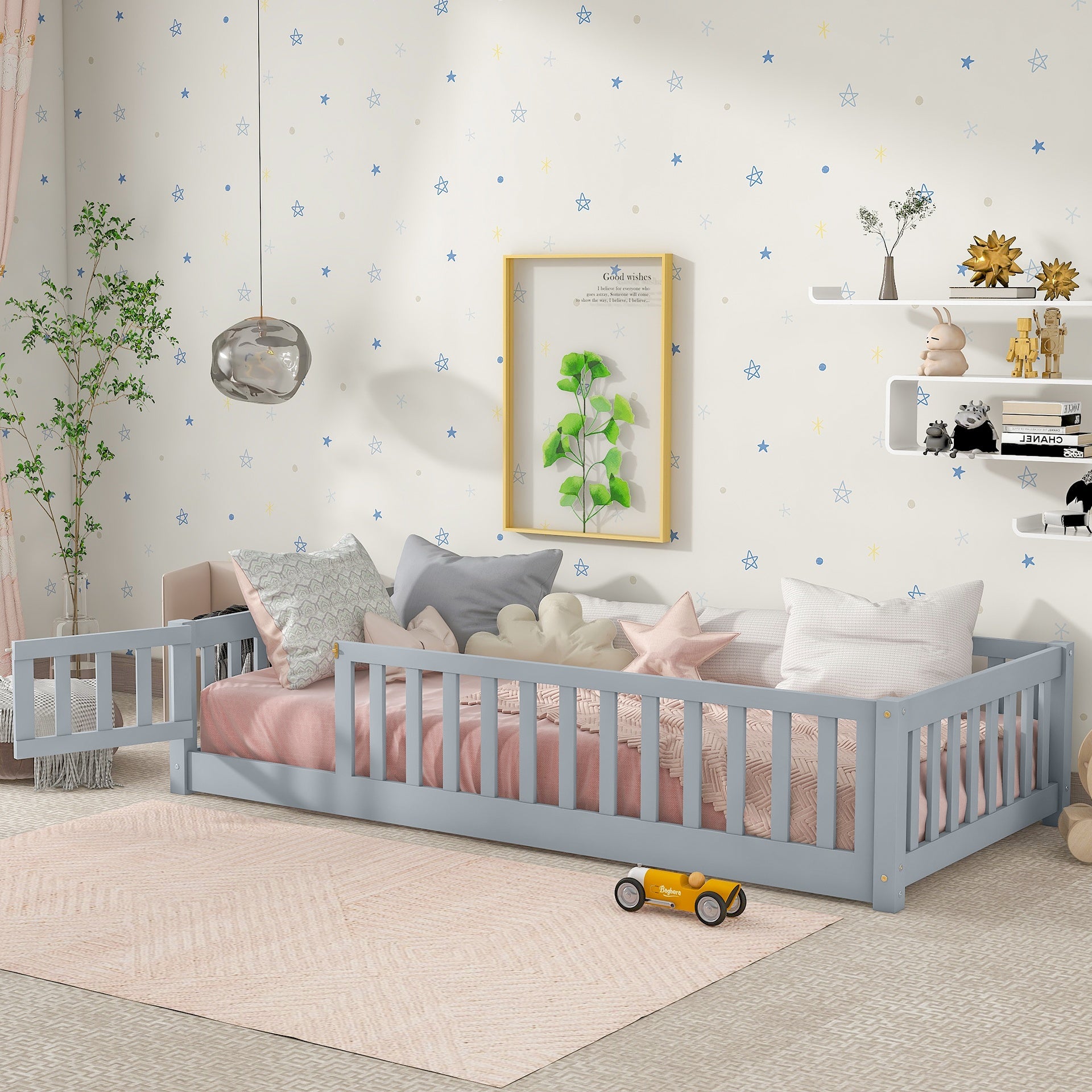 Twin Size Floor Bed with Fence and Door,Rubber Wood Floor Bed with Safety Guardrails,Grey