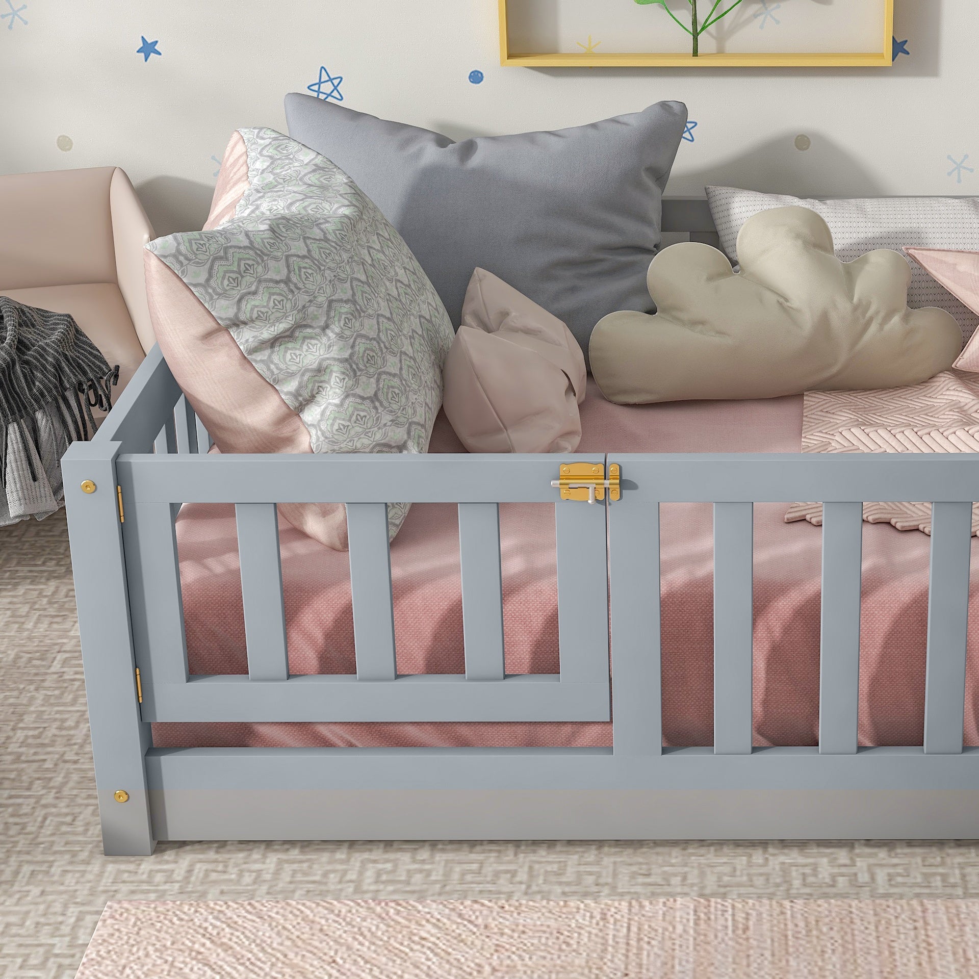 Twin Size Floor Bed with Fence and Door,Rubber Wood Floor Bed with Safety Guardrails,Grey