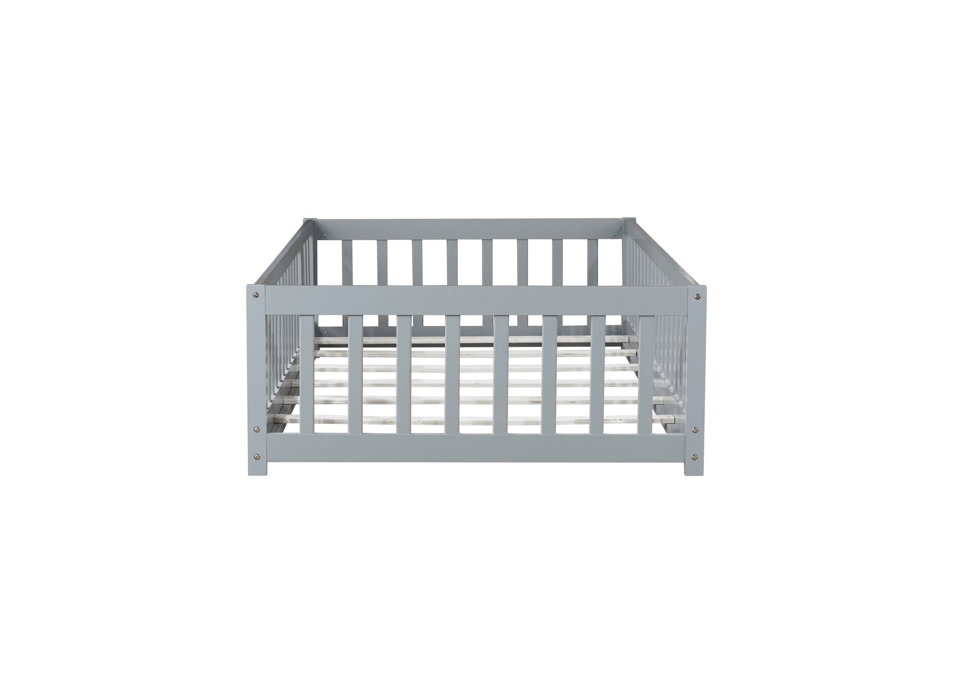 Twin Size Floor Bed with Fence and Door,Rubber Wood Floor Bed with Safety Guardrails,Grey