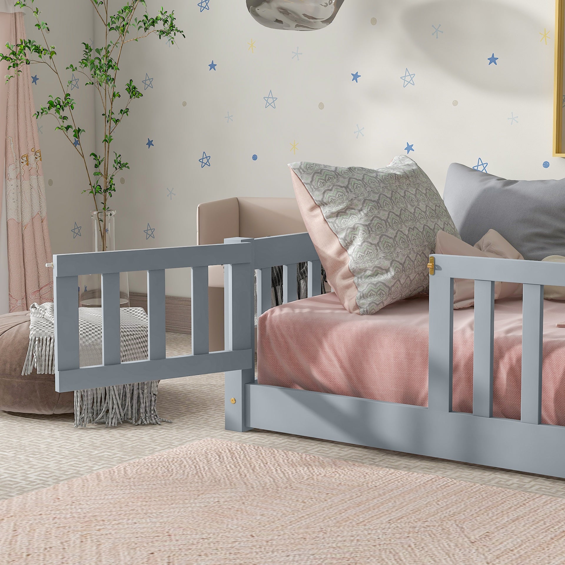 Twin Size Floor Bed with Fence and Door,Rubber Wood Floor Bed with Safety Guardrails,Grey