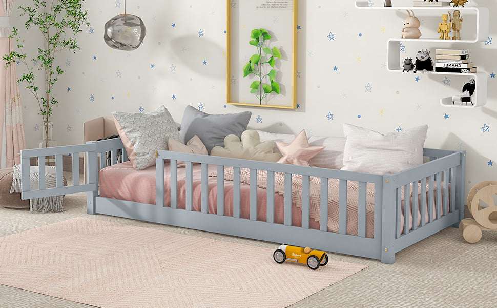 Twin Size Floor Bed with Fence and Door,Rubber Wood Floor Bed with Safety Guardrails,Grey