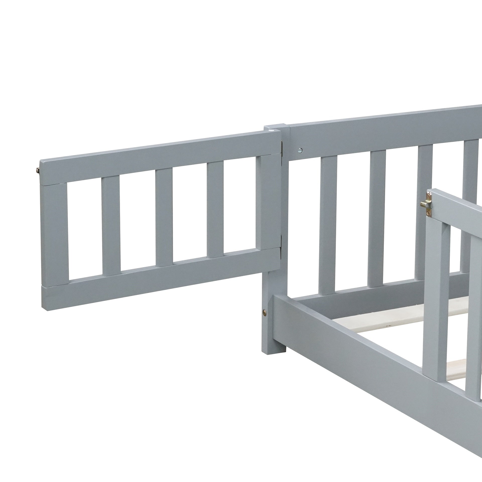 Twin Size Floor Bed with Fence and Door,Rubber Wood Floor Bed with Safety Guardrails,Grey