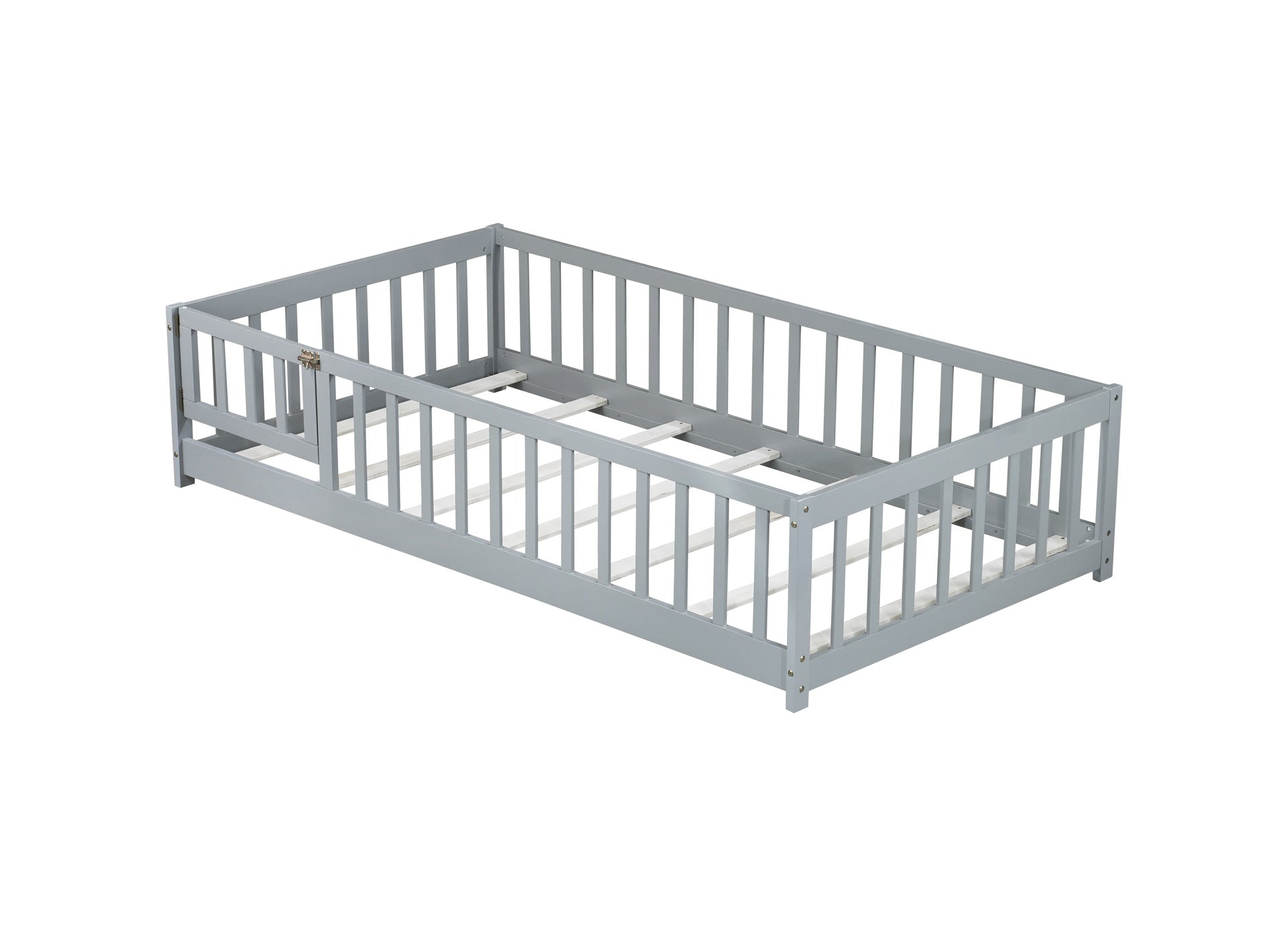 Twin Size Floor Bed with Fence and Door,Rubber Wood Floor Bed with Safety Guardrails,Grey