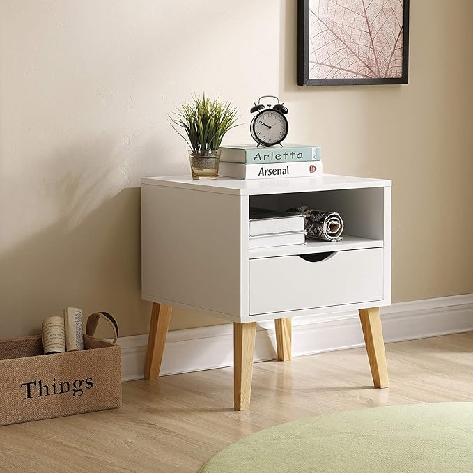 Mid-Century Modern Jeff Night Stand, End Table Bed Room Accent Side Table, White