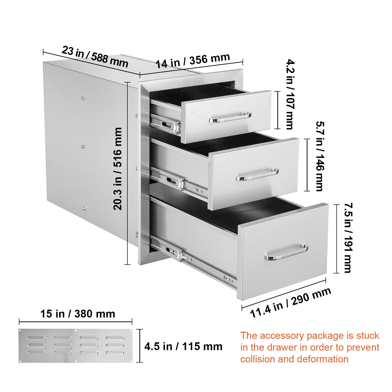 Outdoor Kitchen Drawers 14" W x 20.3" H x 23" D, Flush Mount Triple Access BBQ Drawers Stainless Steel with Handle, BBQ Island Drawers for Outdoor Kitchens or Patio Grill Station