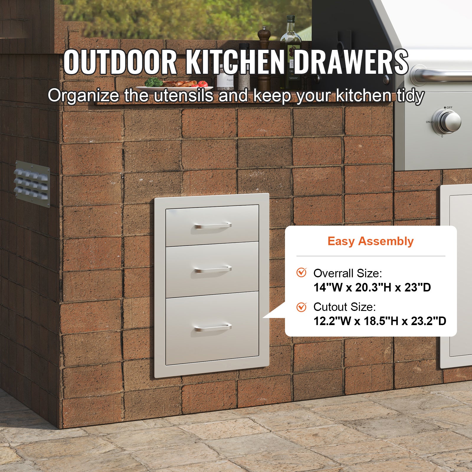 Outdoor Kitchen Drawers 14" W x 20.3" H x 23" D, Flush Mount Triple Access BBQ Drawers Stainless Steel with Handle, BBQ Island Drawers for Outdoor Kitchens or Patio Grill Station