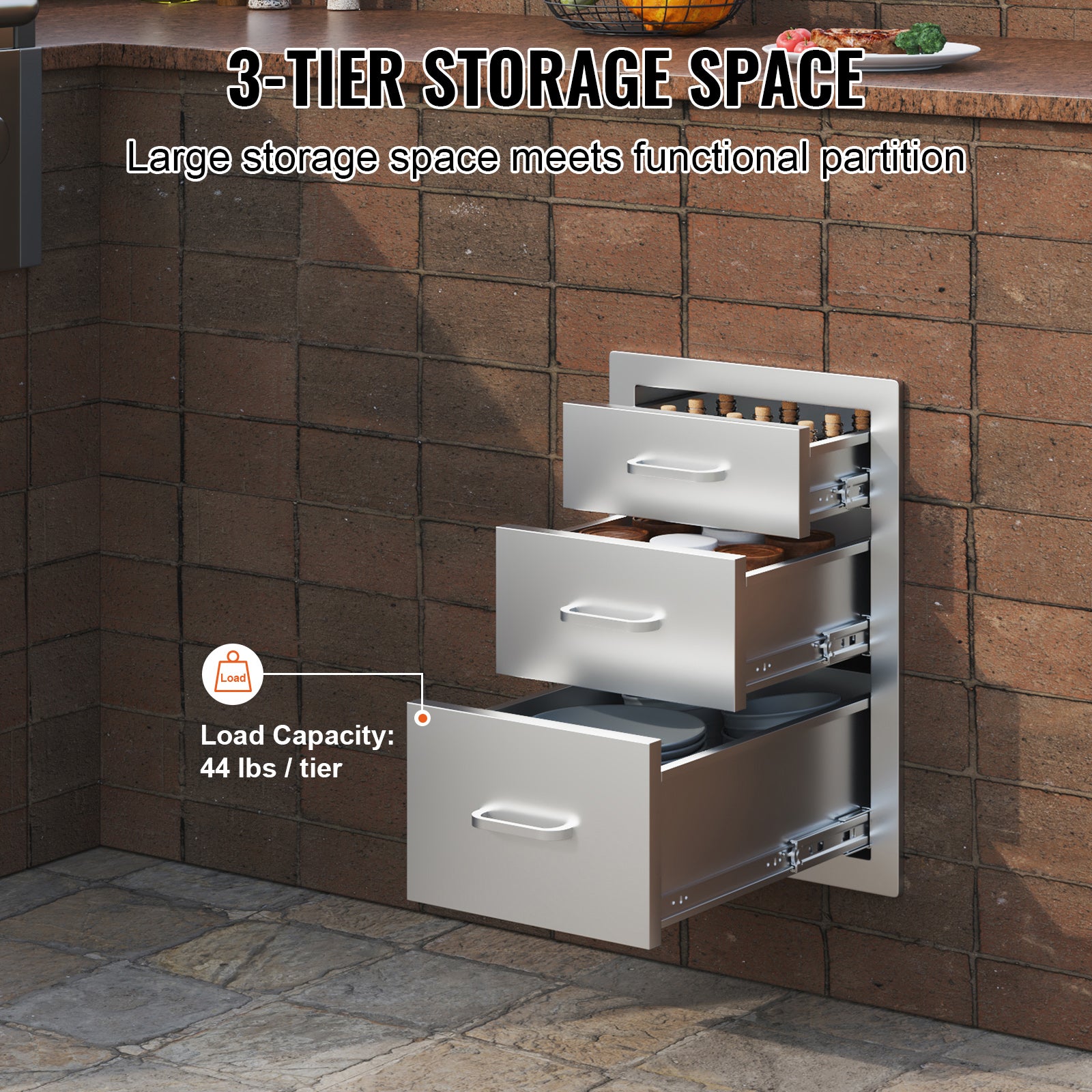 Outdoor Kitchen Drawers 14" W x 20.3" H x 23" D, Flush Mount Triple Access BBQ Drawers Stainless Steel with Handle, BBQ Island Drawers for Outdoor Kitchens or Patio Grill Station