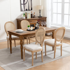 A&A Furniture,French Style Solid Wood Frame Antique Painting Linen Fabric Rattan Back Dining Chair,Set of 2,Cream,Beige