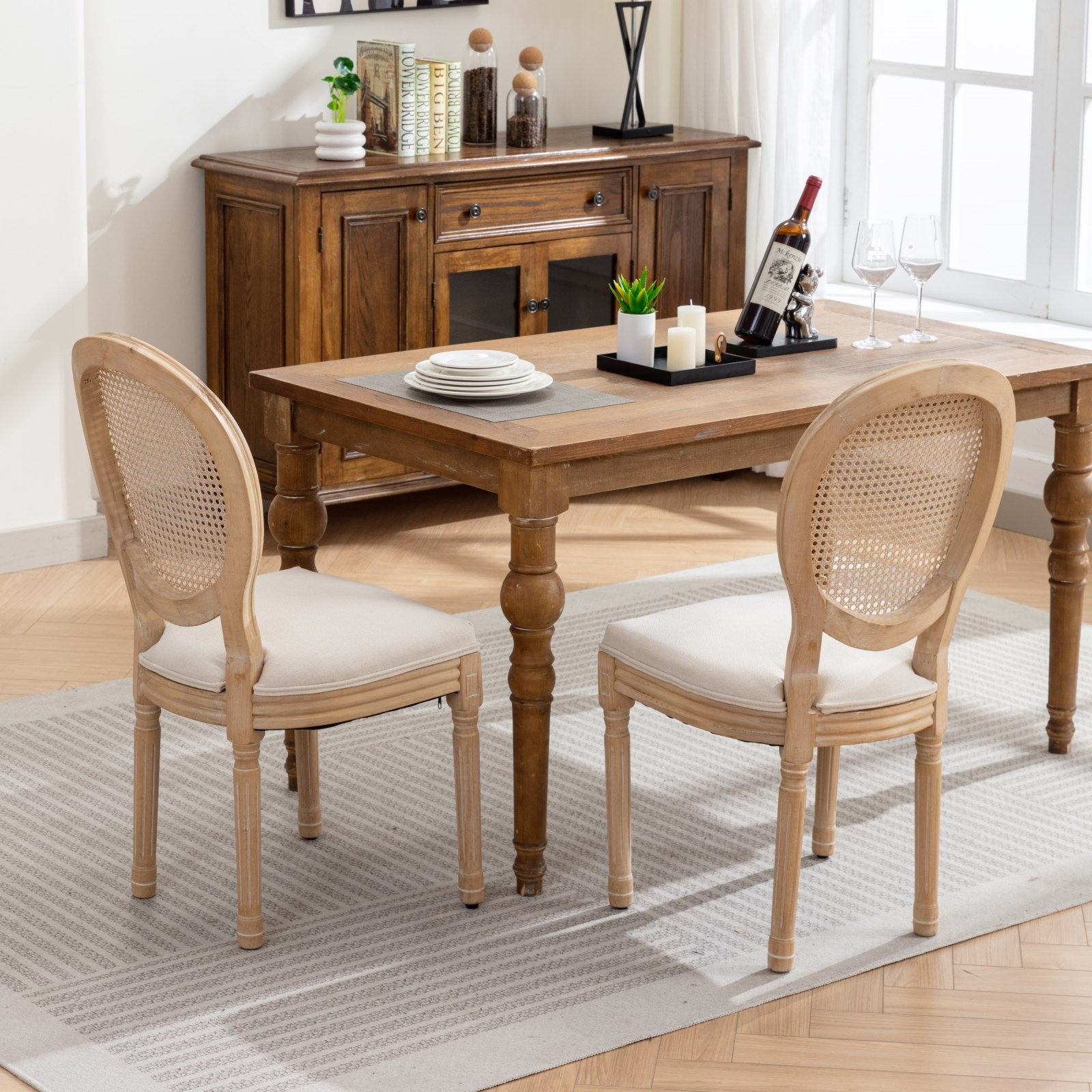 A&A Furniture,French Style Solid Wood Frame Antique Painting Linen Fabric Rattan Back Dining Chair,Set of 2,Cream,Beige