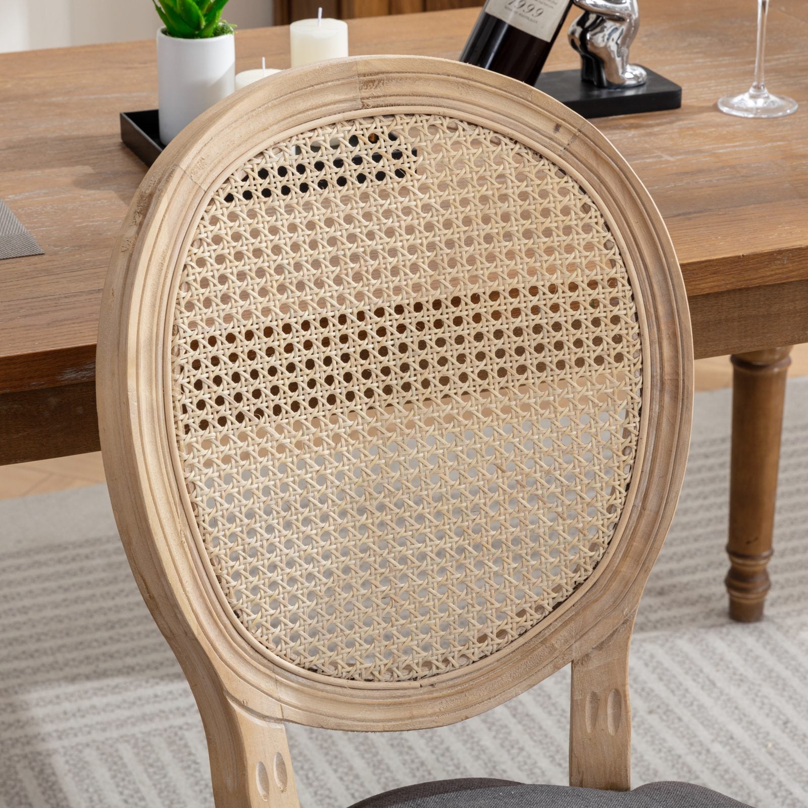 A&A Furniture,French Style Solid Wood Frame Antique Painting Linen Fabric Rattan Back Dining Chair,Set of 2,Cream,Beige