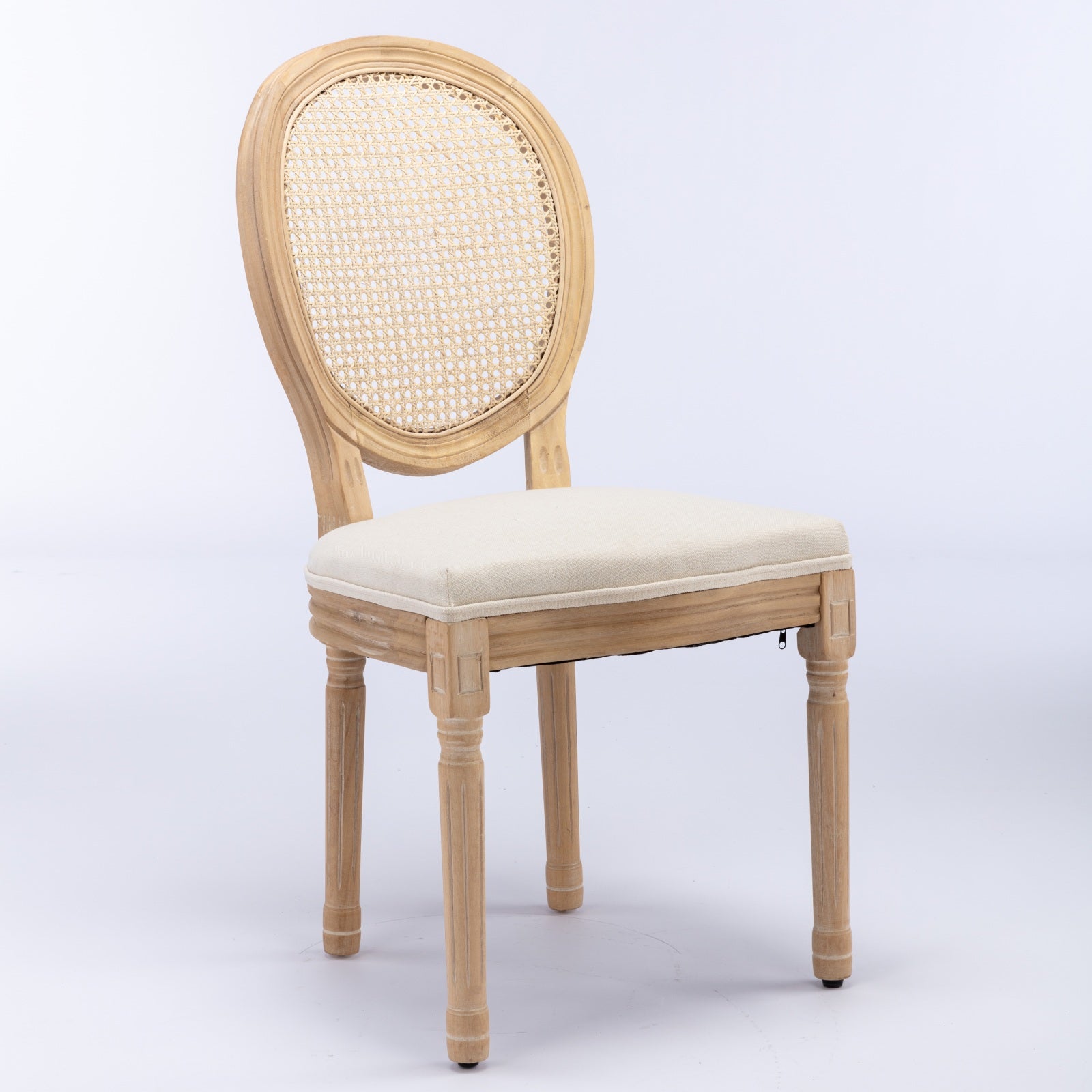 A&A Furniture,French Style Solid Wood Frame Antique Painting Linen Fabric Rattan Back Dining Chair,Set of 2,Cream,Beige