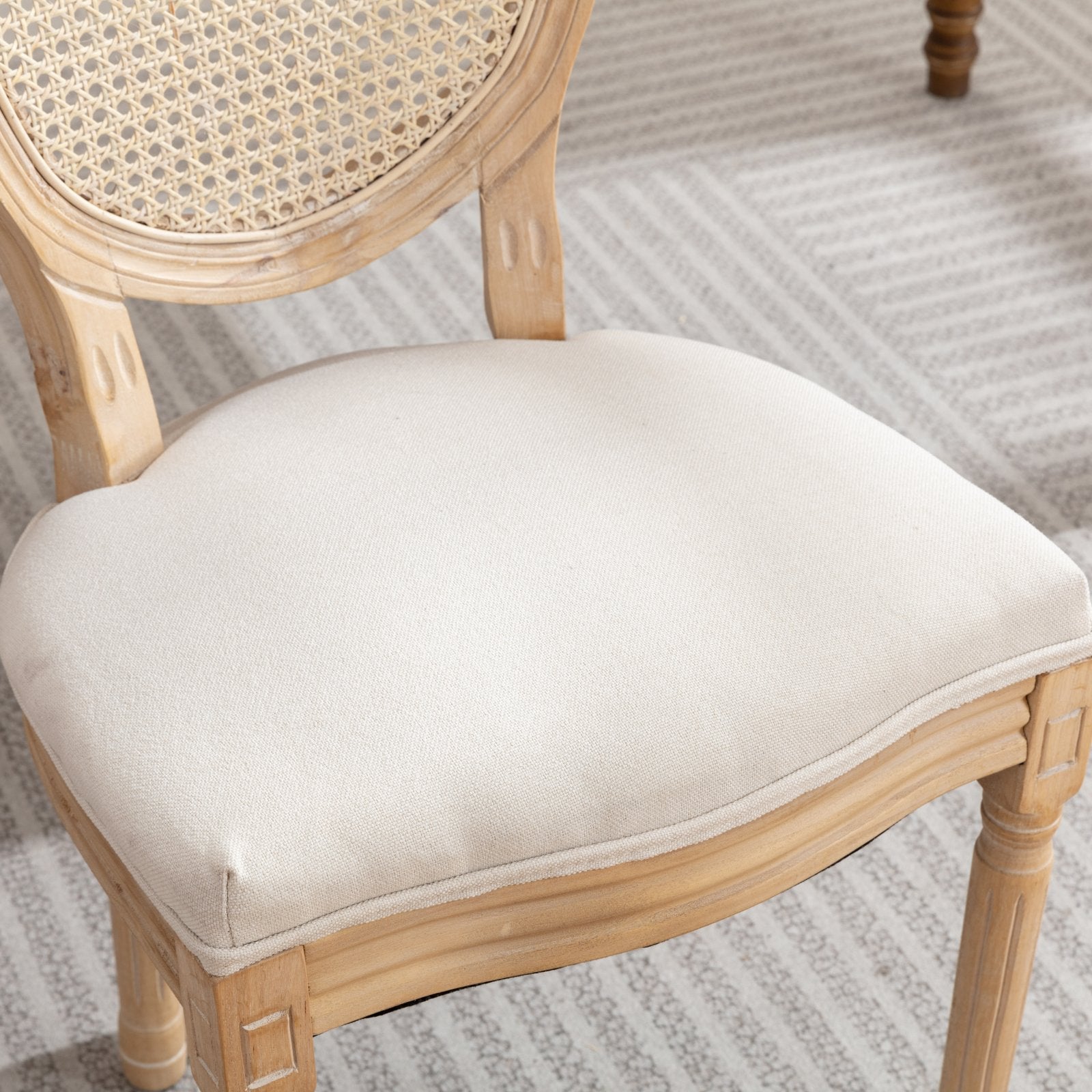A&A Furniture,French Style Solid Wood Frame Antique Painting Linen Fabric Rattan Back Dining Chair,Set of 2,Cream,Beige