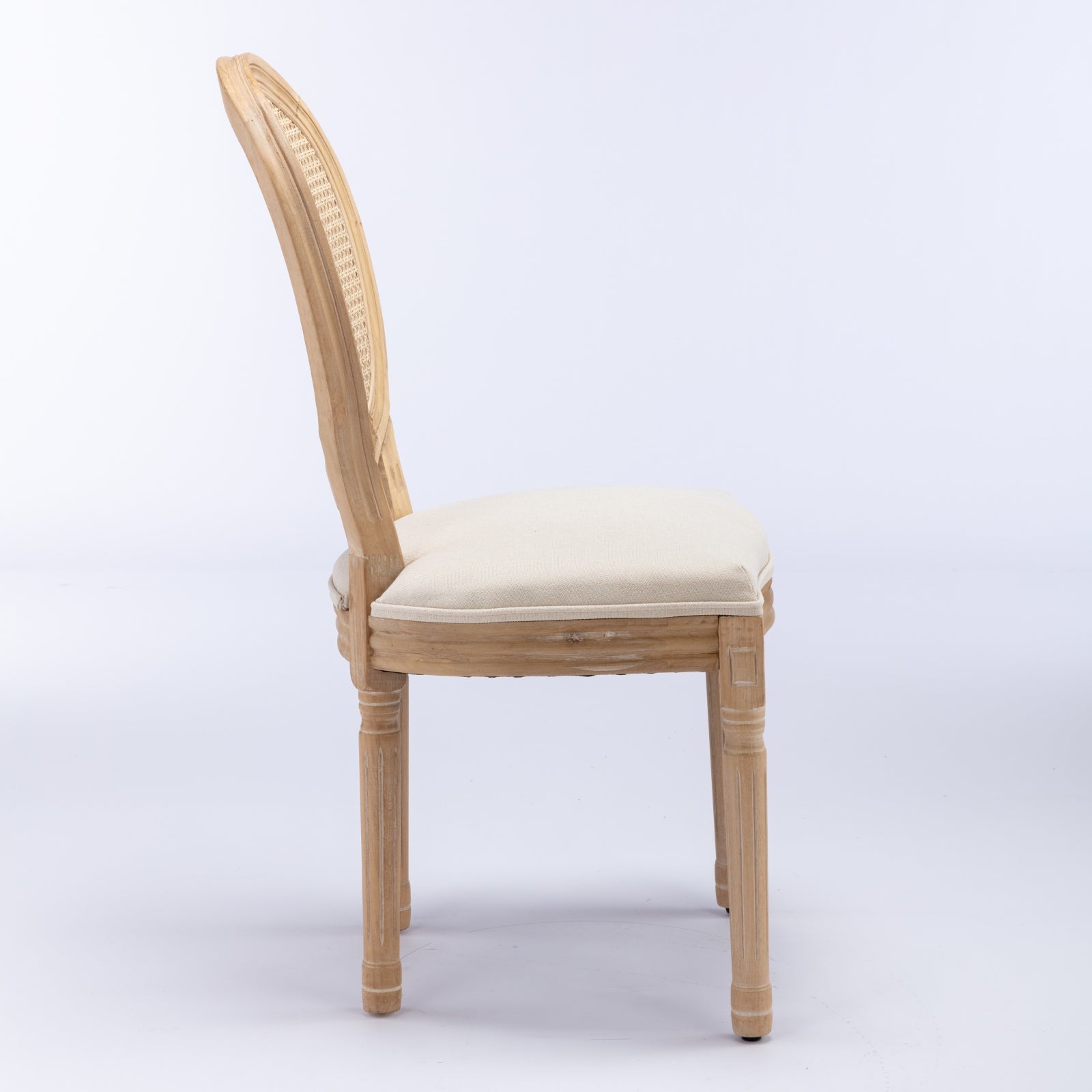A&A Furniture,French Style Solid Wood Frame Antique Painting Linen Fabric Rattan Back Dining Chair,Set of 2,Cream,Beige