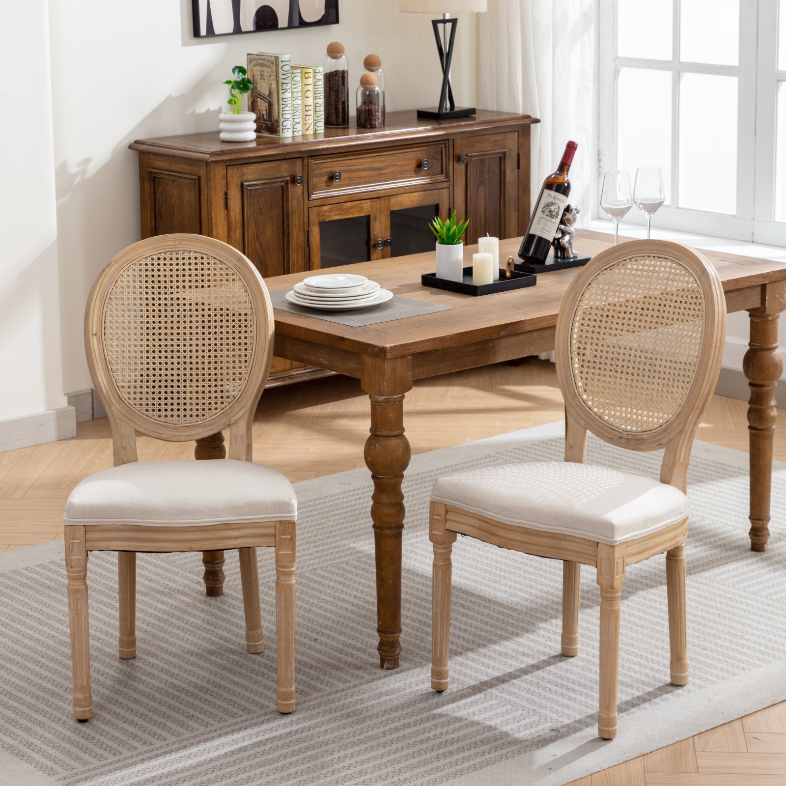 A&A Furniture,French Style Solid Wood Frame Antique Painting Linen Fabric Rattan Back Dining Chair,Set of 2,Cream,Beige