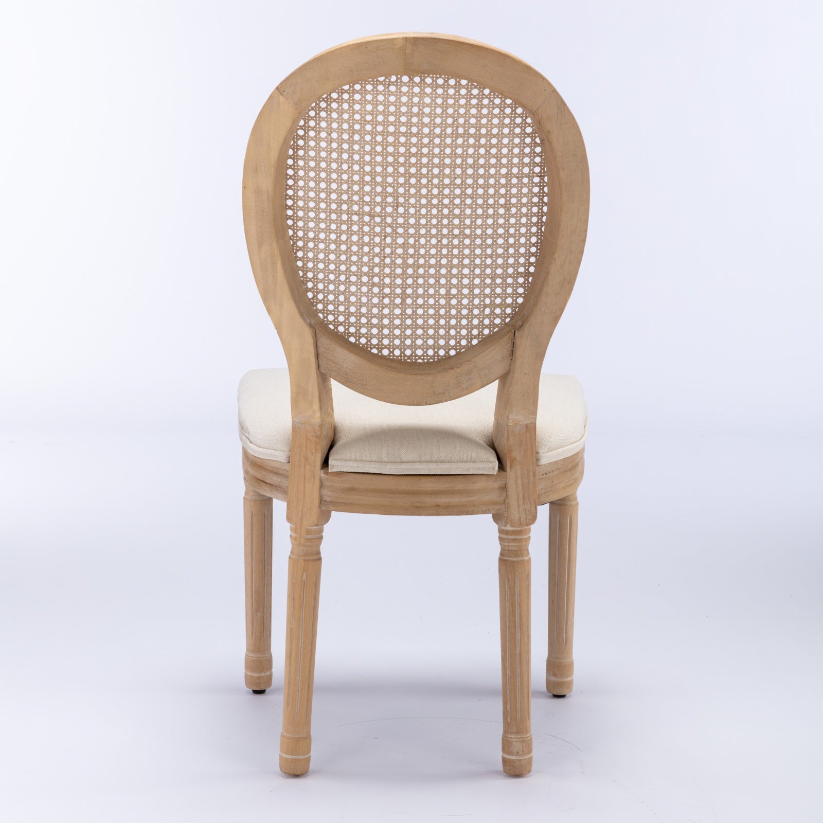 A&A Furniture,French Style Solid Wood Frame Antique Painting Linen Fabric Rattan Back Dining Chair,Set of 2,Cream,Beige