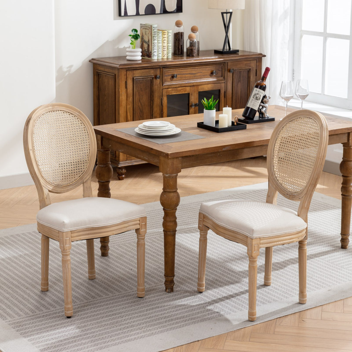 A&A Furniture,French Style Solid Wood Frame Antique Painting Linen Fabric Rattan Back Dining Chair,Set of 2,Cream,Beige