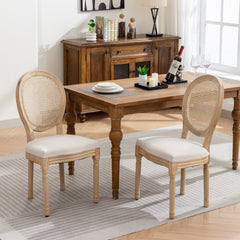 A&A Furniture,French Style Solid Wood Frame Antique Painting Linen Fabric Rattan Back Dining Chair,Set of 2,Cream,Beige