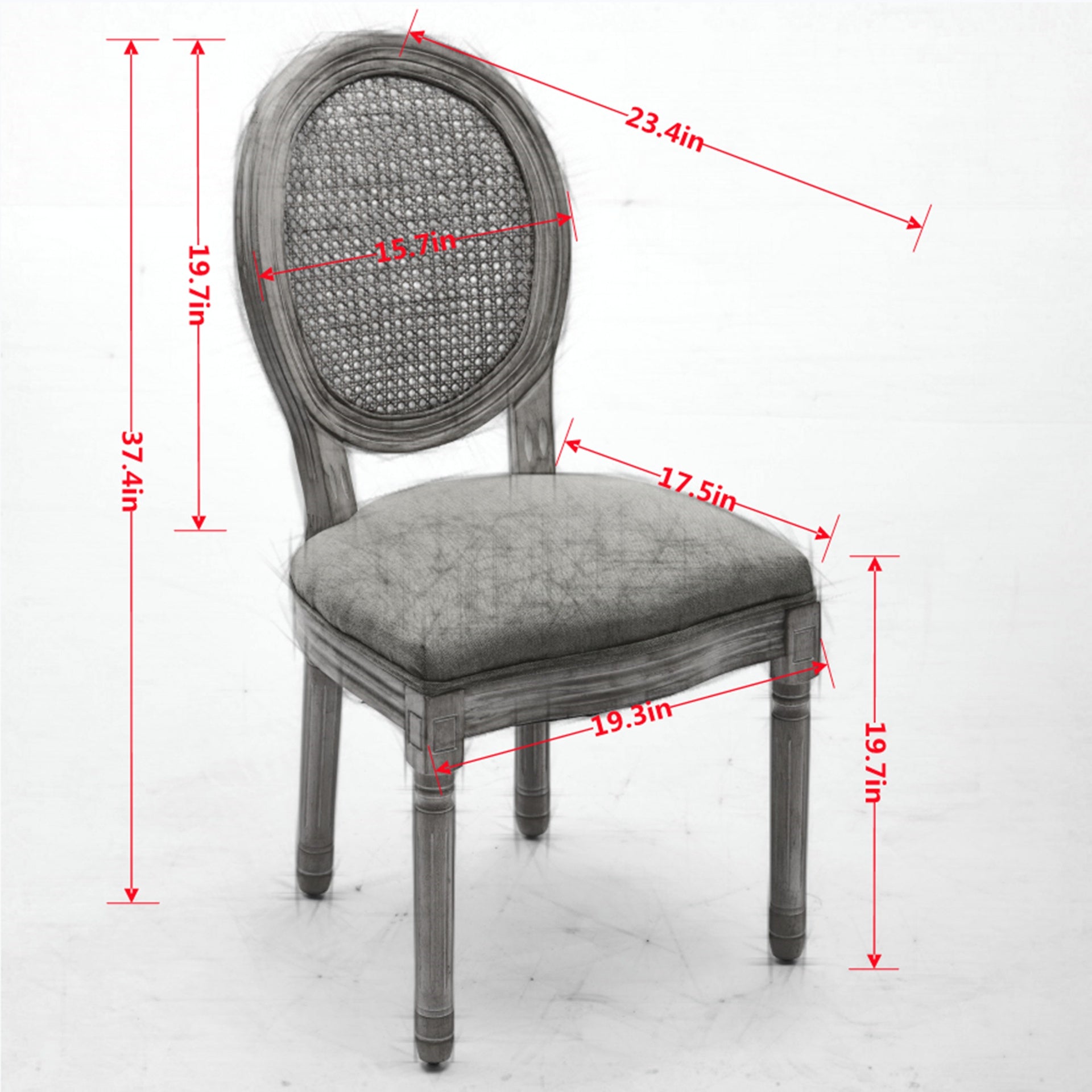 A&A Furniture,French Style Solid Wood Frame Antique Painting Linen Fabric Rattan Back Dining Chair,Set of 2,Cream,Beige
