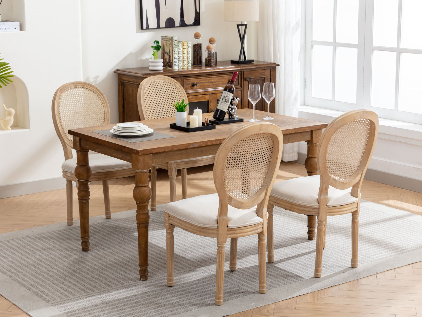 A&A Furniture,French Style Solid Wood Frame Antique Painting Linen Fabric Rattan Back Dining Chair,Set of 2,Cream,Beige