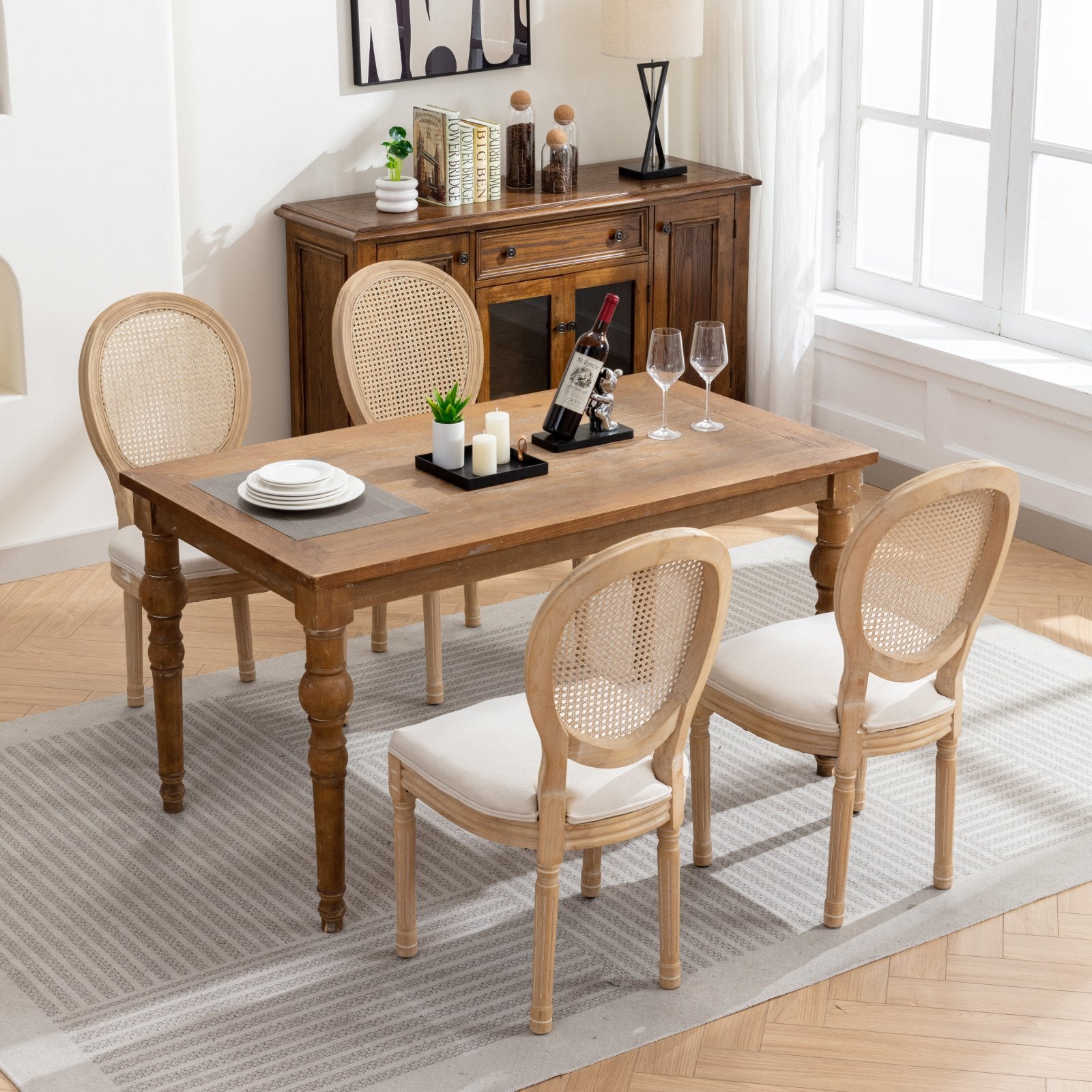 A&A Furniture,French Style Solid Wood Frame Antique Painting Linen Fabric Rattan Back Dining Chair,Set of 2,Cream,Beige