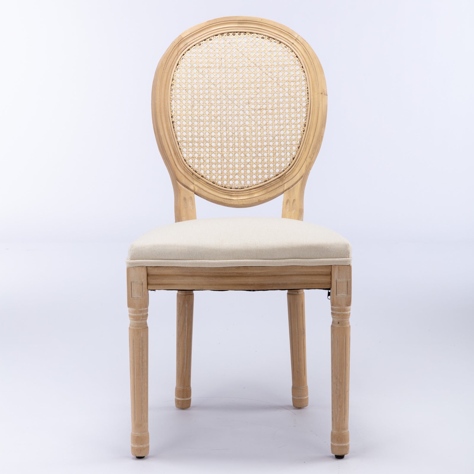 A&A Furniture,French Style Solid Wood Frame Antique Painting Linen Fabric Rattan Back Dining Chair,Set of 2,Cream,Beige