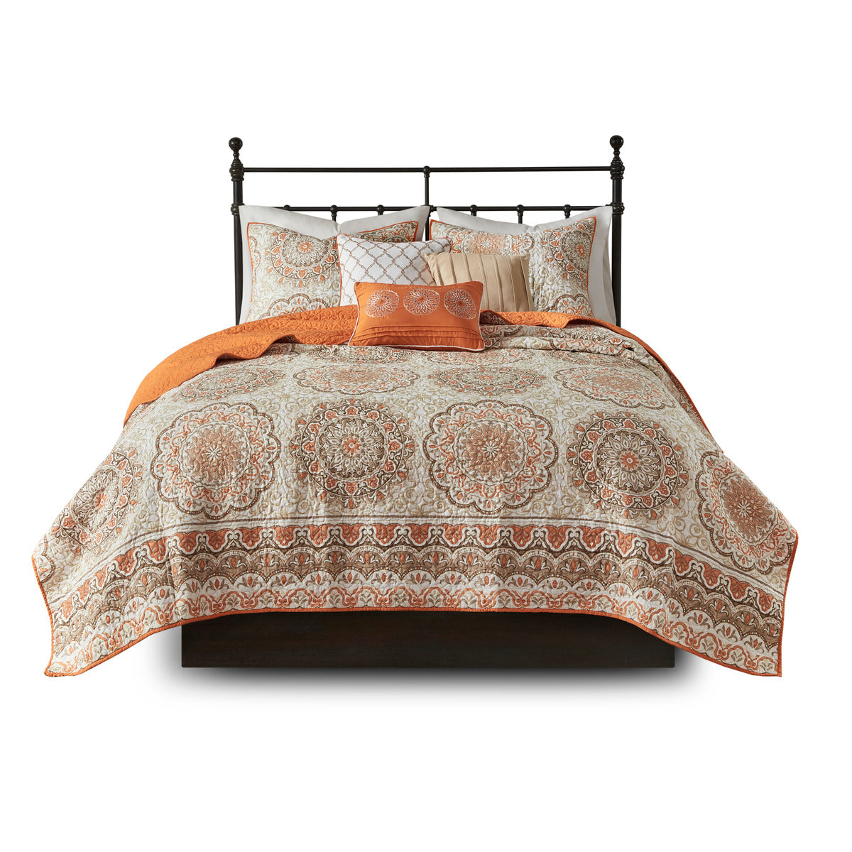 6 Piece Reversible Quilt Set with Throw Pillows Orange King/Cal King