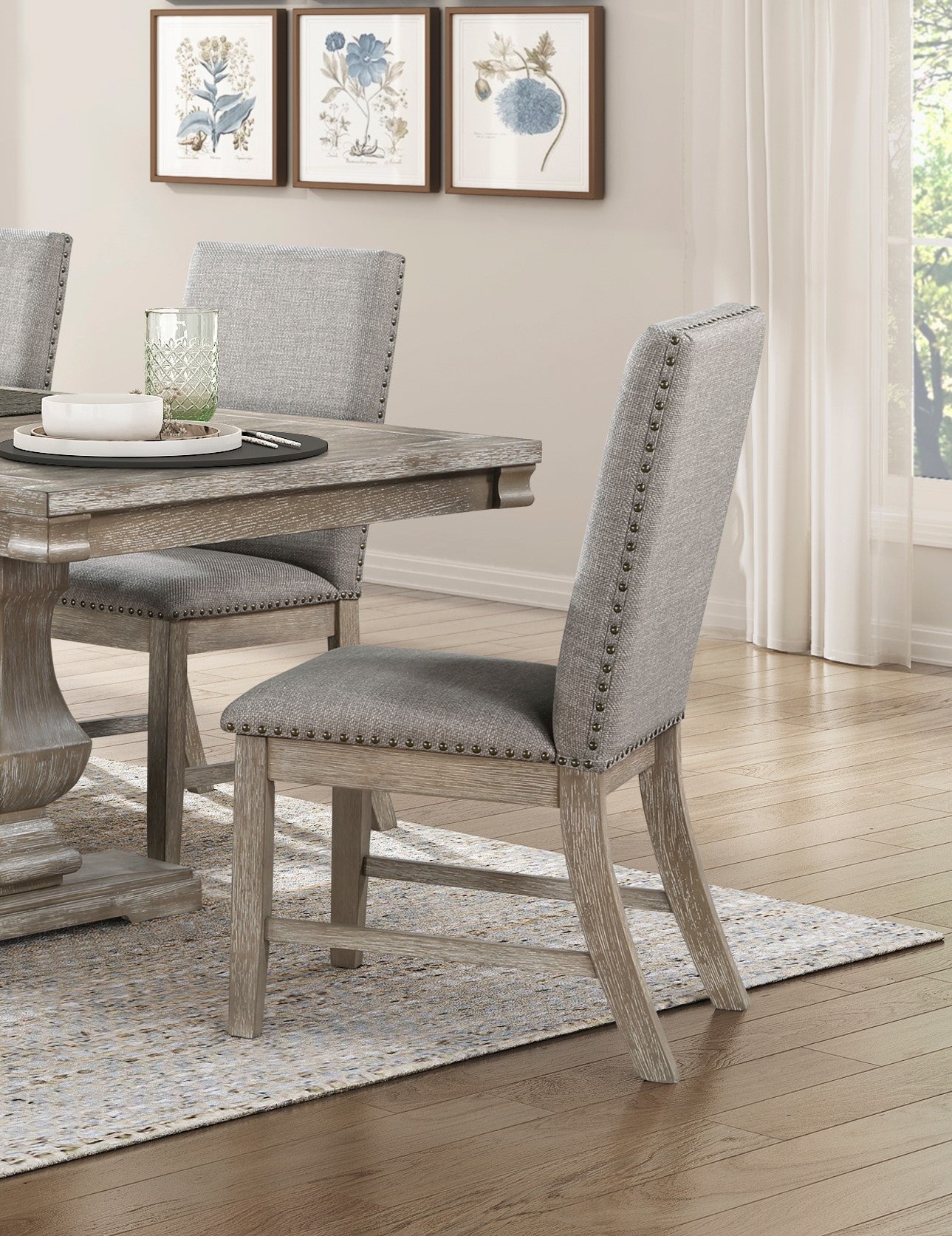 Set of 2 Side Chairs Upholstered Backrest Seat Nailhead Trim Brown Gray Finish Dining Furniture