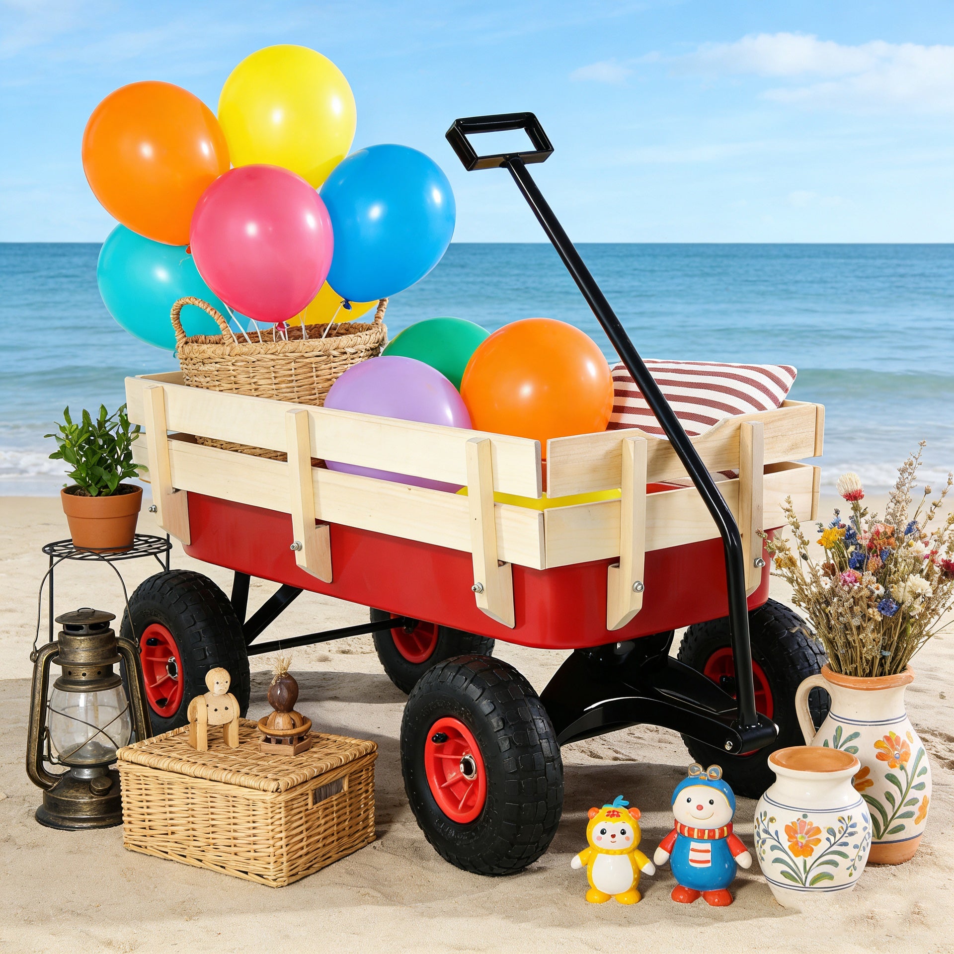 outdoor sport wagon tools cart wooden side panels air tires Wagon (red)