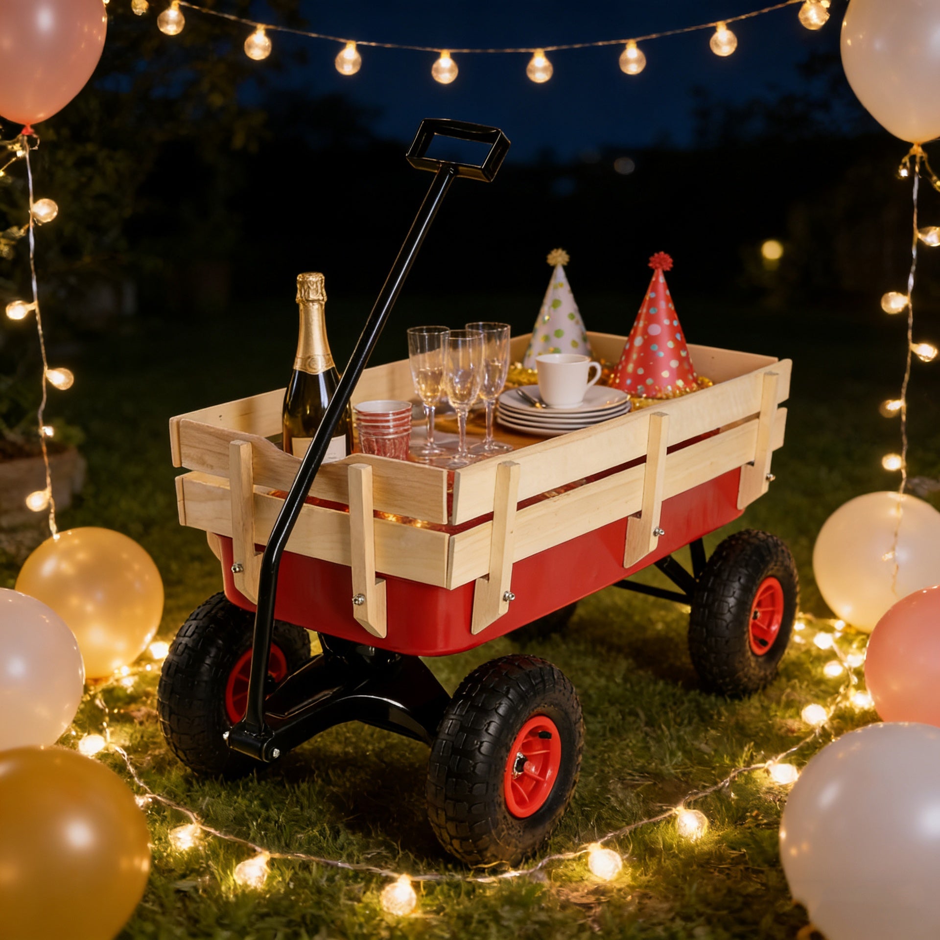 outdoor sport wagon tools cart wooden side panels air tires Wagon (red)
