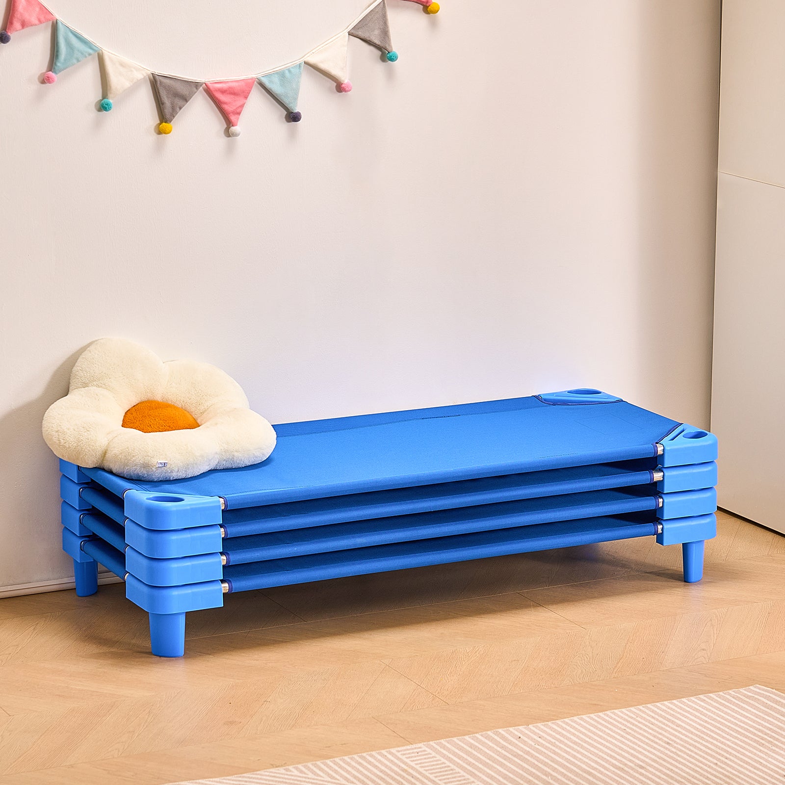 Stackable Kiddie Cot, Pack of 4, Portable Toddler Nap Cots, Standard Size 52" L x 23" W Daycare Cots for Kids, Preschool Classroom Daycare Beds for Sleeping, Resting, Naptime, Blue