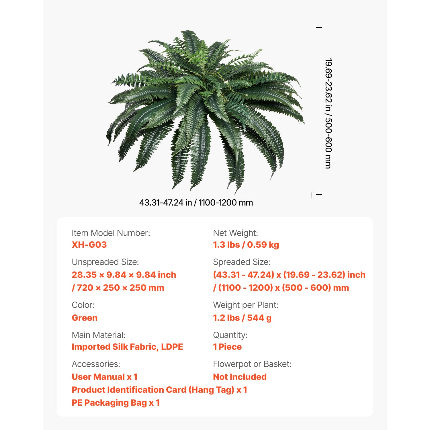 Artificial Ferns 1Pcs, 47 Inch Artificial Boston Ferns Plants, Faux Fern with 88 Branches, Artificial Plants Large for Outdoors/Indoor Home, Office,Garden (Flowerpot Unincluded)