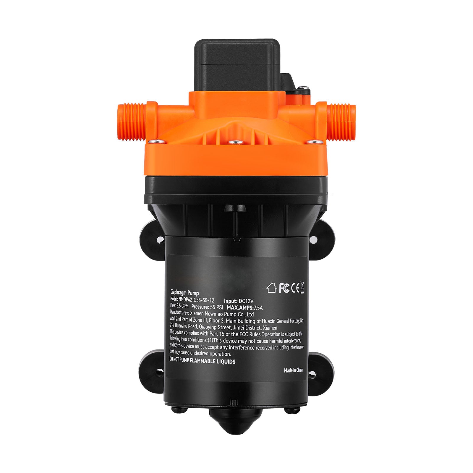 Water Diaphragm Pump, 12V DC, 3.5 GPM Flow, 55 PSI Rated Pressure (40-80 PSI Adjustable), 1/2" MNPT Self Priming Sprayer Pump with Pressure Switch for RV Camper Marine Boat Lawn, FCC Certified