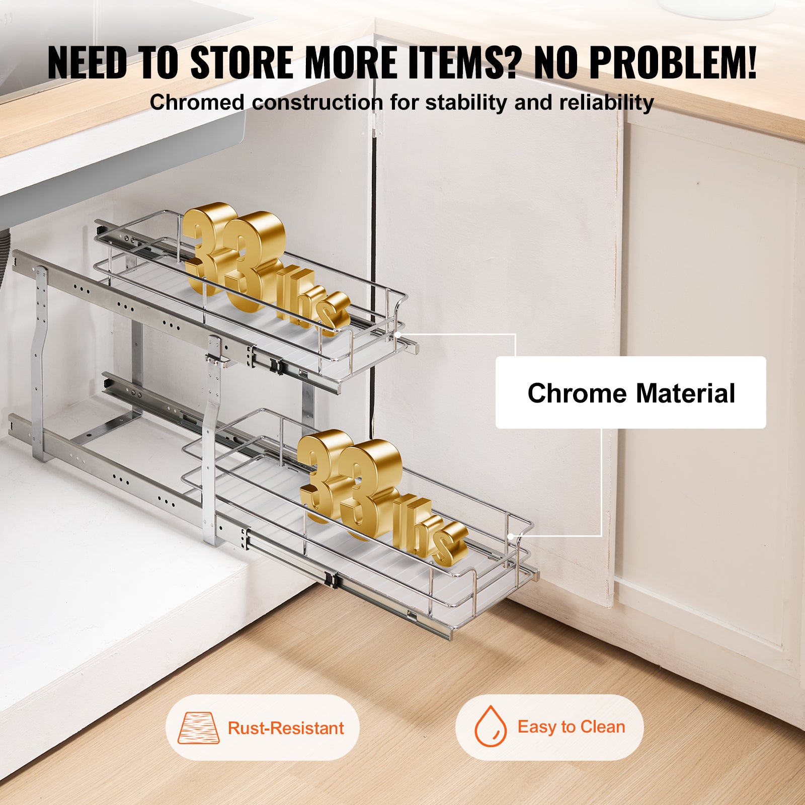 2-Tier 8.5"Wx21"Dx15"H Wire Pull Out Cabinet Under Sink Organizer Drawer Basket, 10"Wx22"Dx18"H  Install Size for Cabinet