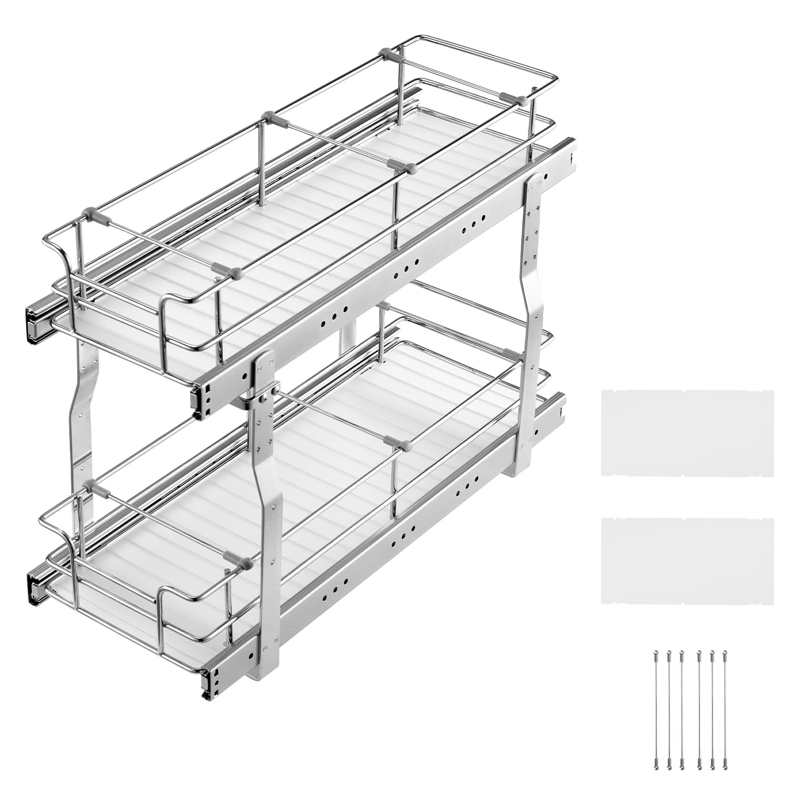 2-Tier 8.5"Wx21"Dx15"H Wire Pull Out Cabinet Under Sink Organizer Drawer Basket, 10"Wx22"Dx18"H  Install Size for Cabinet