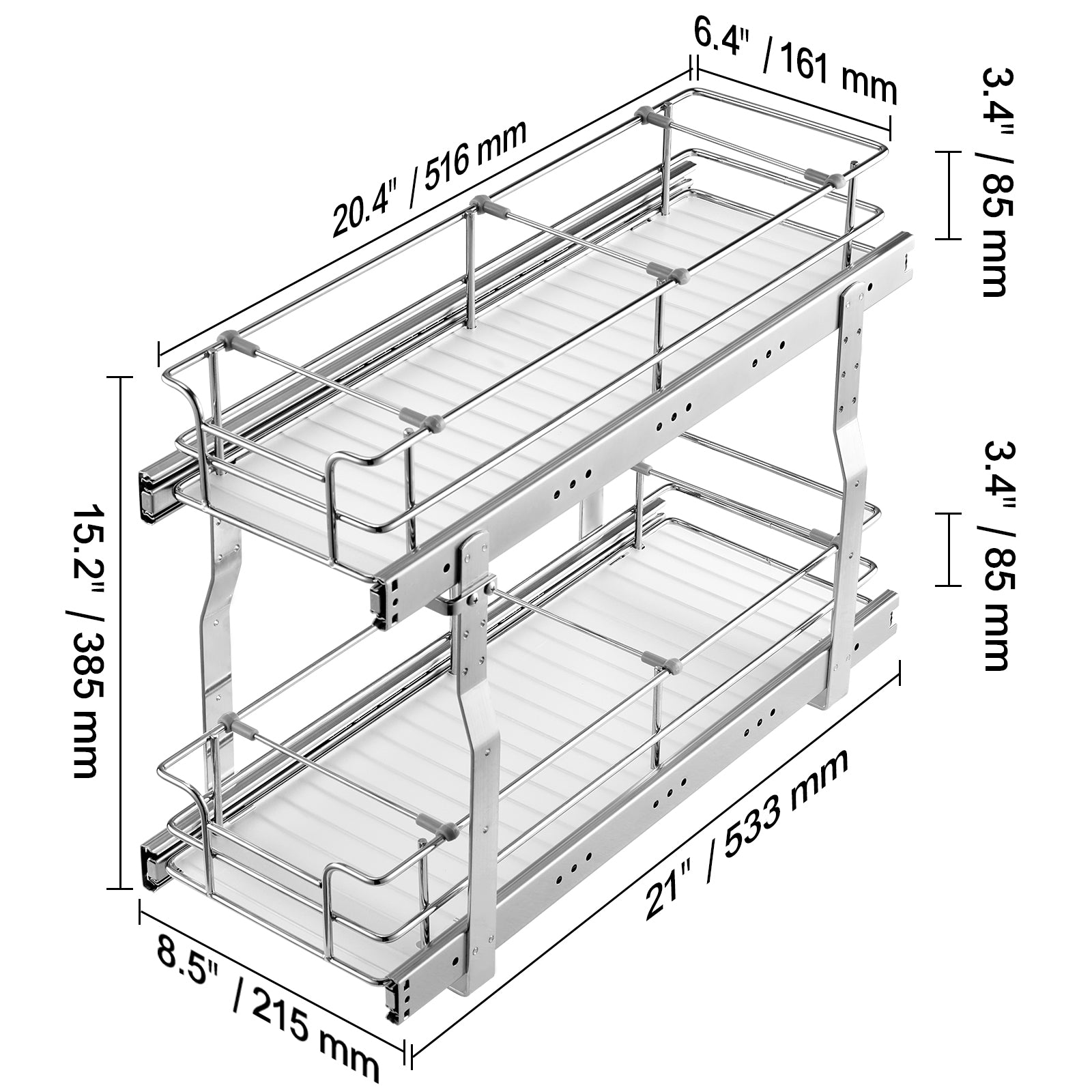2-Tier 8.5"Wx21"Dx15"H Wire Pull Out Cabinet Under Sink Organizer Drawer Basket, 10"Wx22"Dx18"H  Install Size for Cabinet