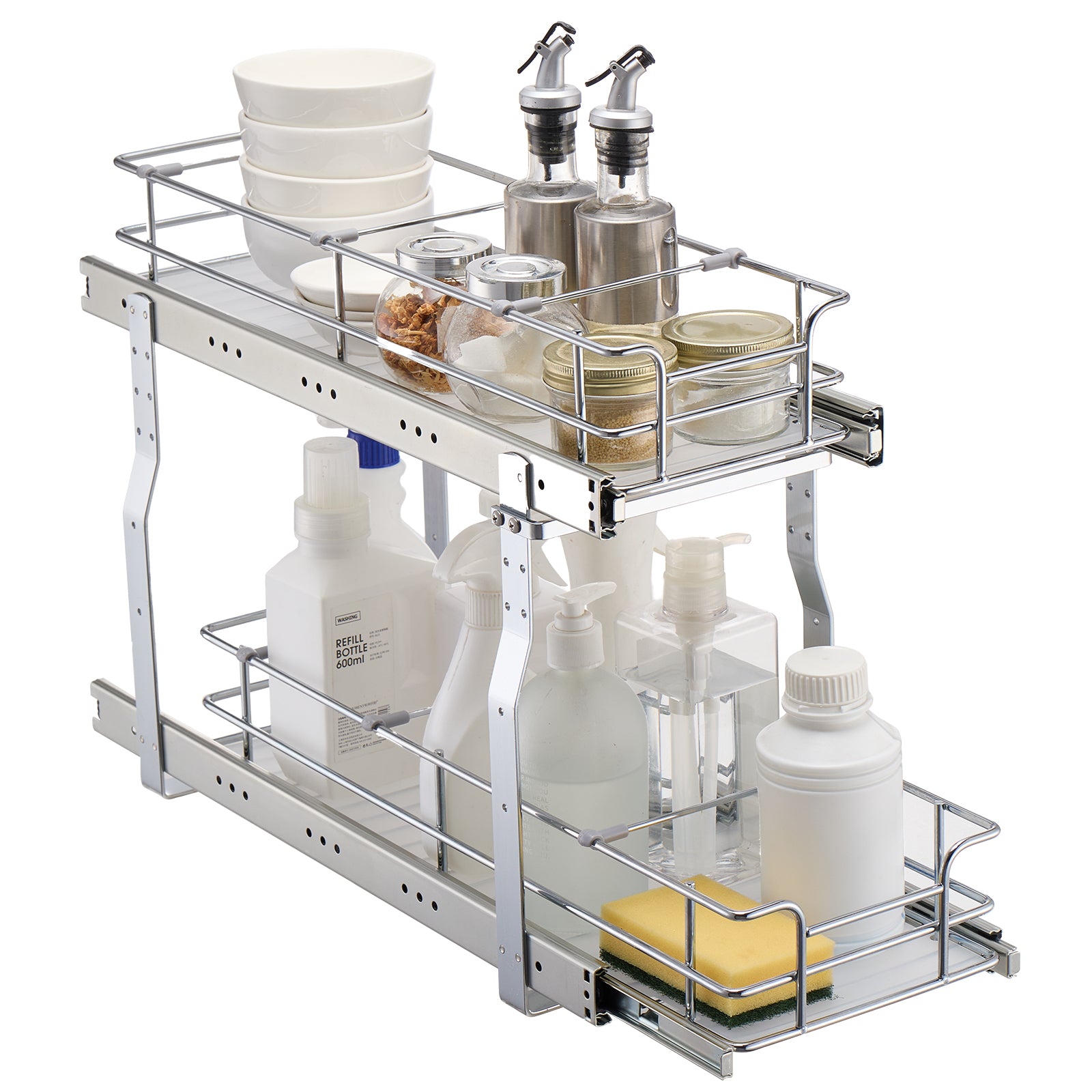 2-Tier 8.5"Wx21"Dx15"H Wire Pull Out Cabinet Under Sink Organizer Drawer Basket, 10"Wx22"Dx18"H  Install Size for Cabinet