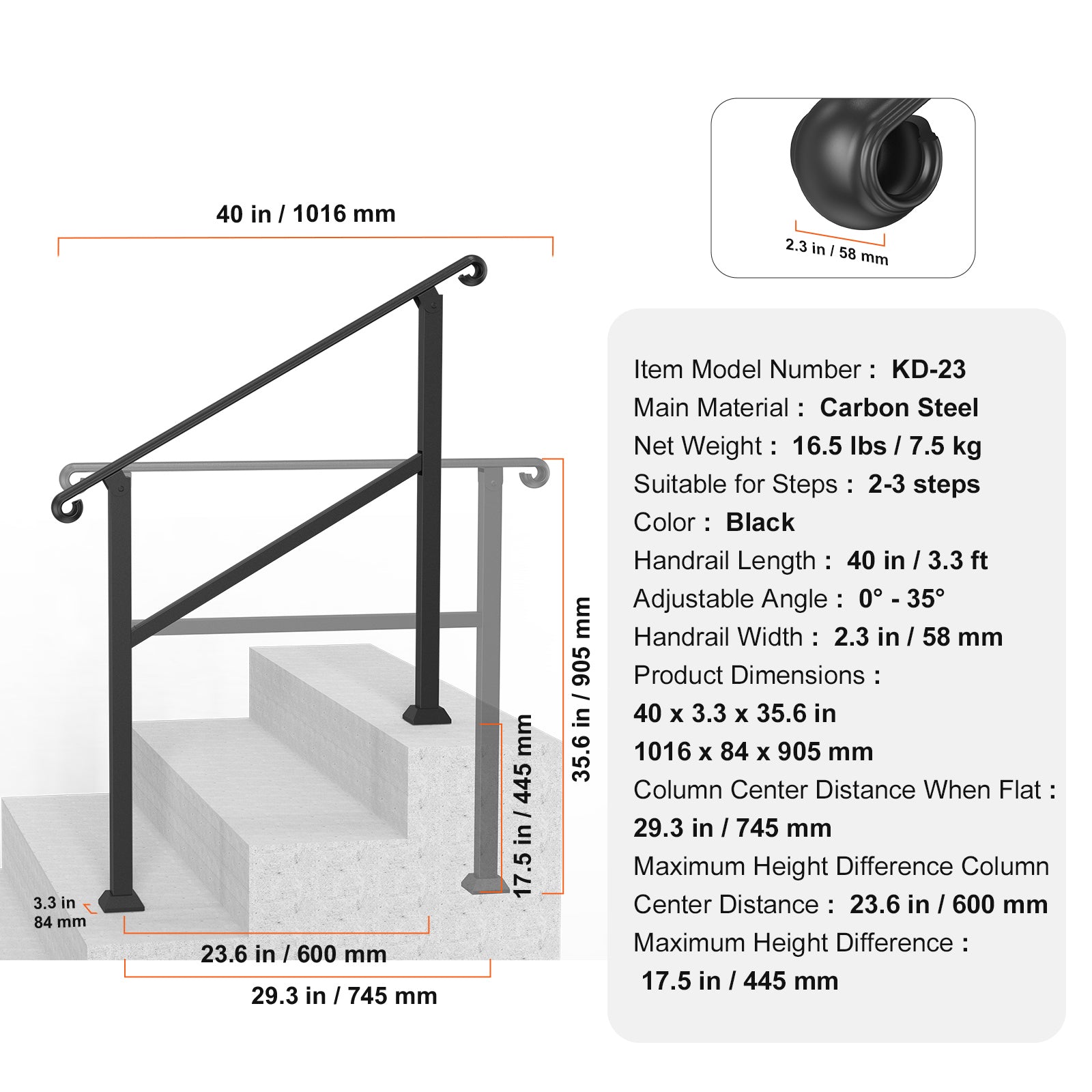 2-3 Step Handrails for Outdoor Steps for Seniors Porch Deck Post