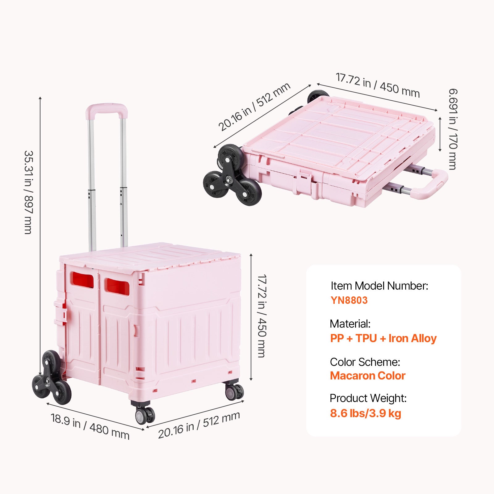Foldable Cart with Stair Climbing Wheels Collapsible Rolling Crate 65L